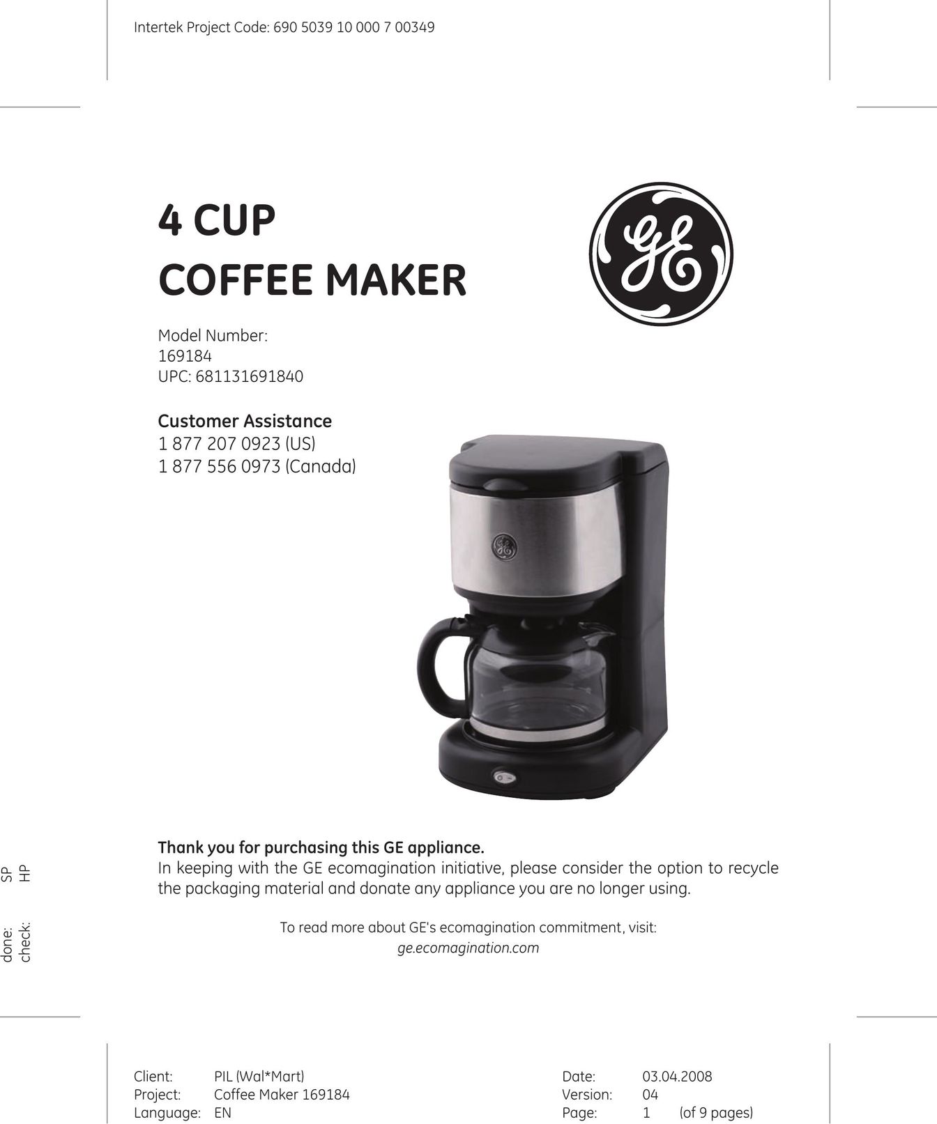 GE 169184 Coffeemaker User Manual