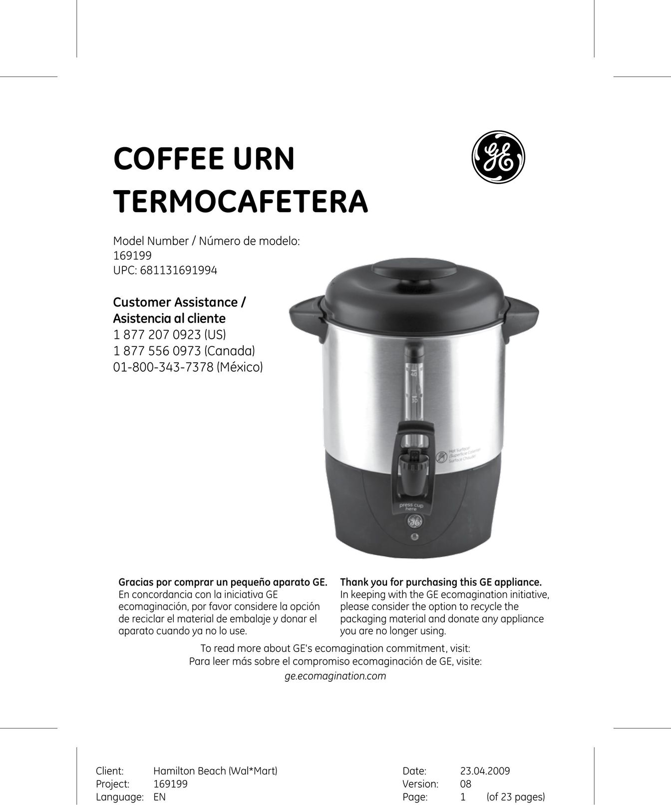 GE 169199 Coffeemaker User Manual