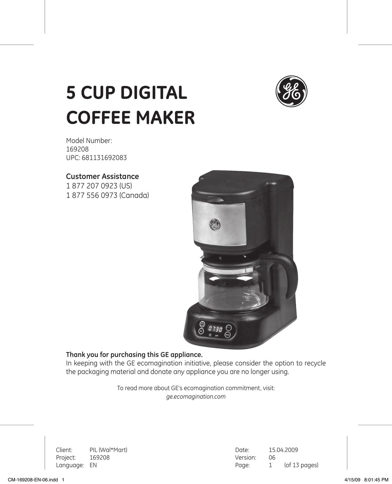 GE 169208 Coffeemaker User Manual