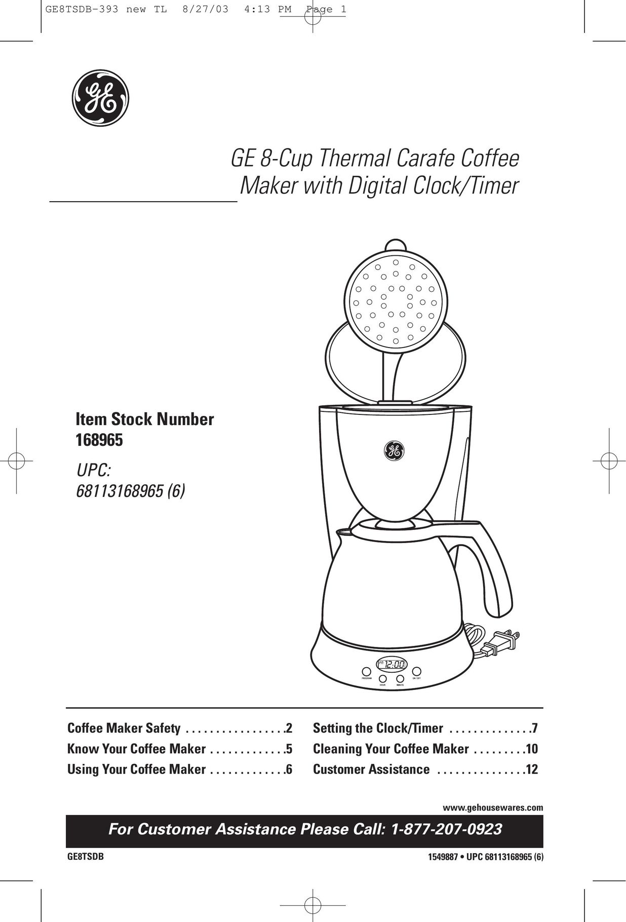 GE 68113168965 Coffeemaker User Manual