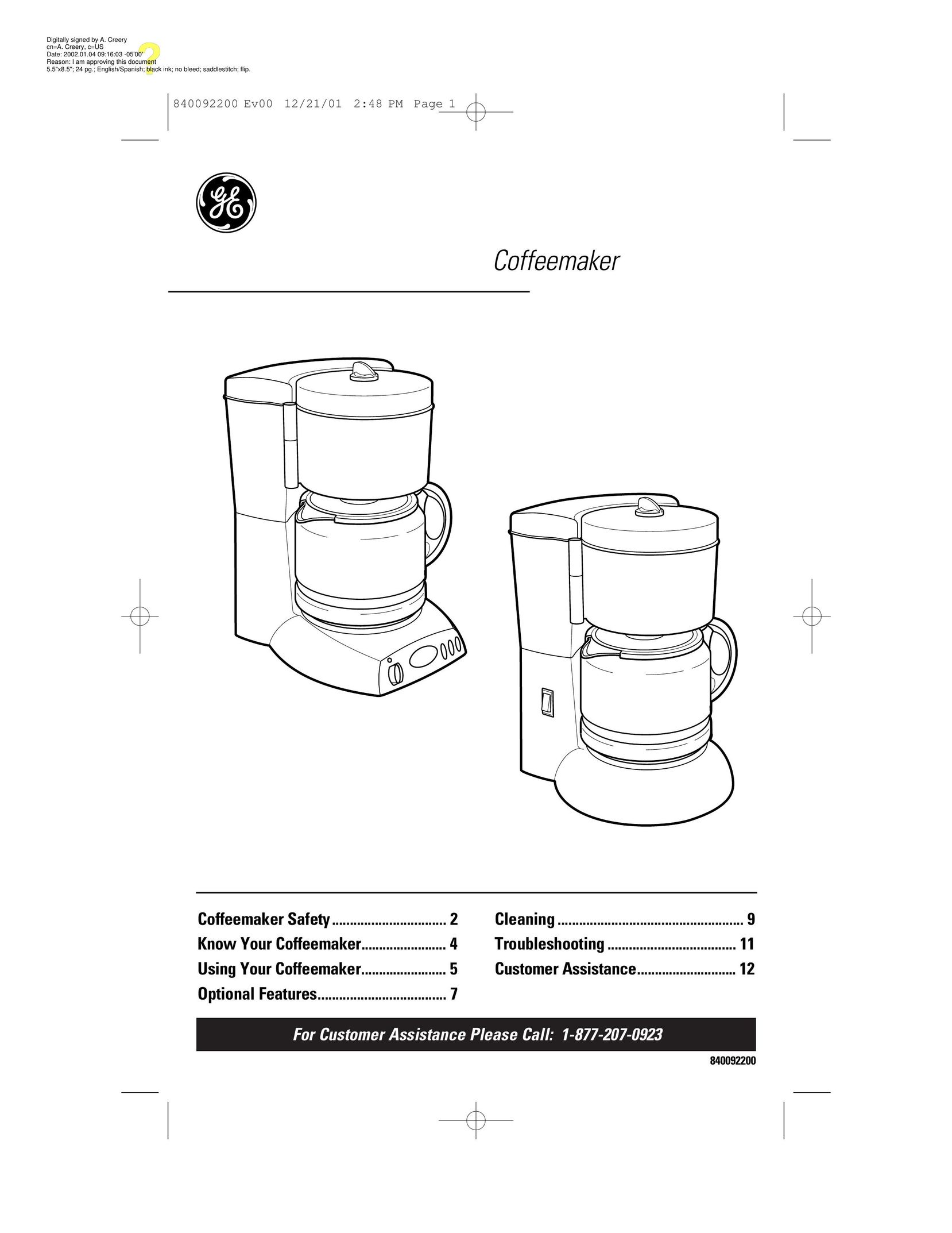 GE 840092200 Coffeemaker User Manual