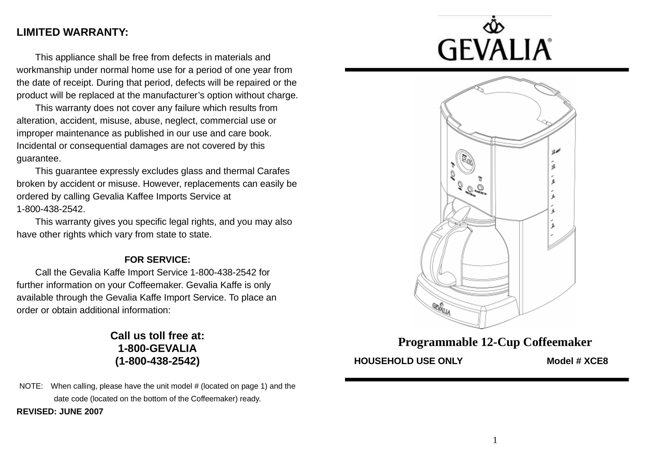 Gevalia XCE8 Coffeemaker User Manual