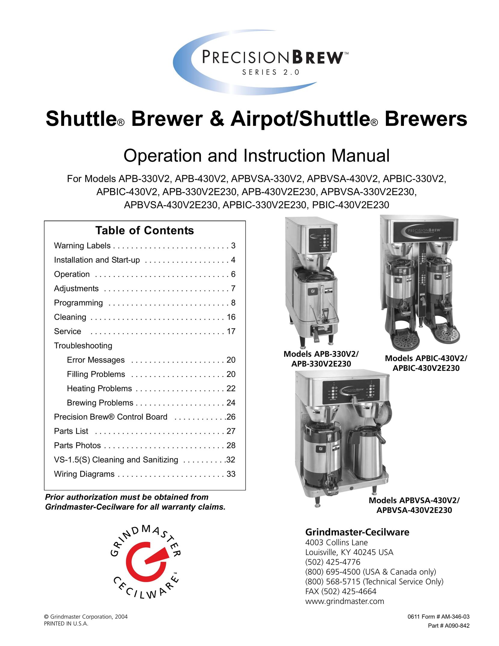 Grindmaster APB-430V2E230 Coffeemaker User Manual