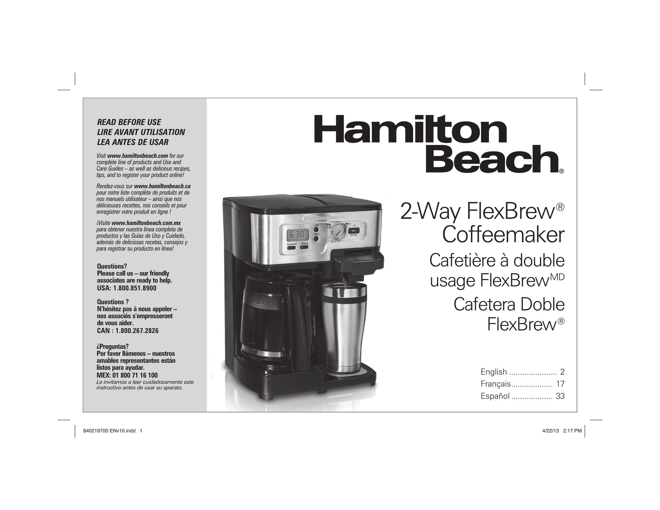 Hamilton Beach 2-Way FlexBrew Coffeemaker Coffeemaker User Manual