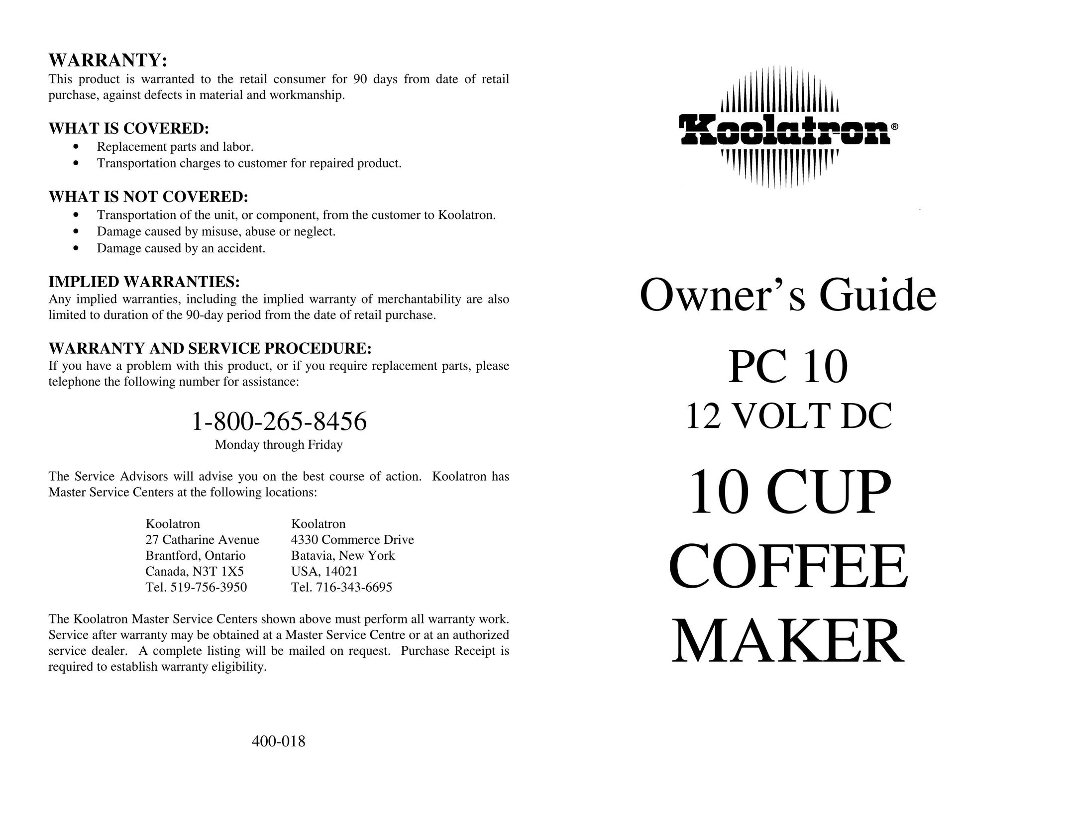 Koolatron 12 Volt DC 10 Cup Coffee Maker Coffeemaker User Manual