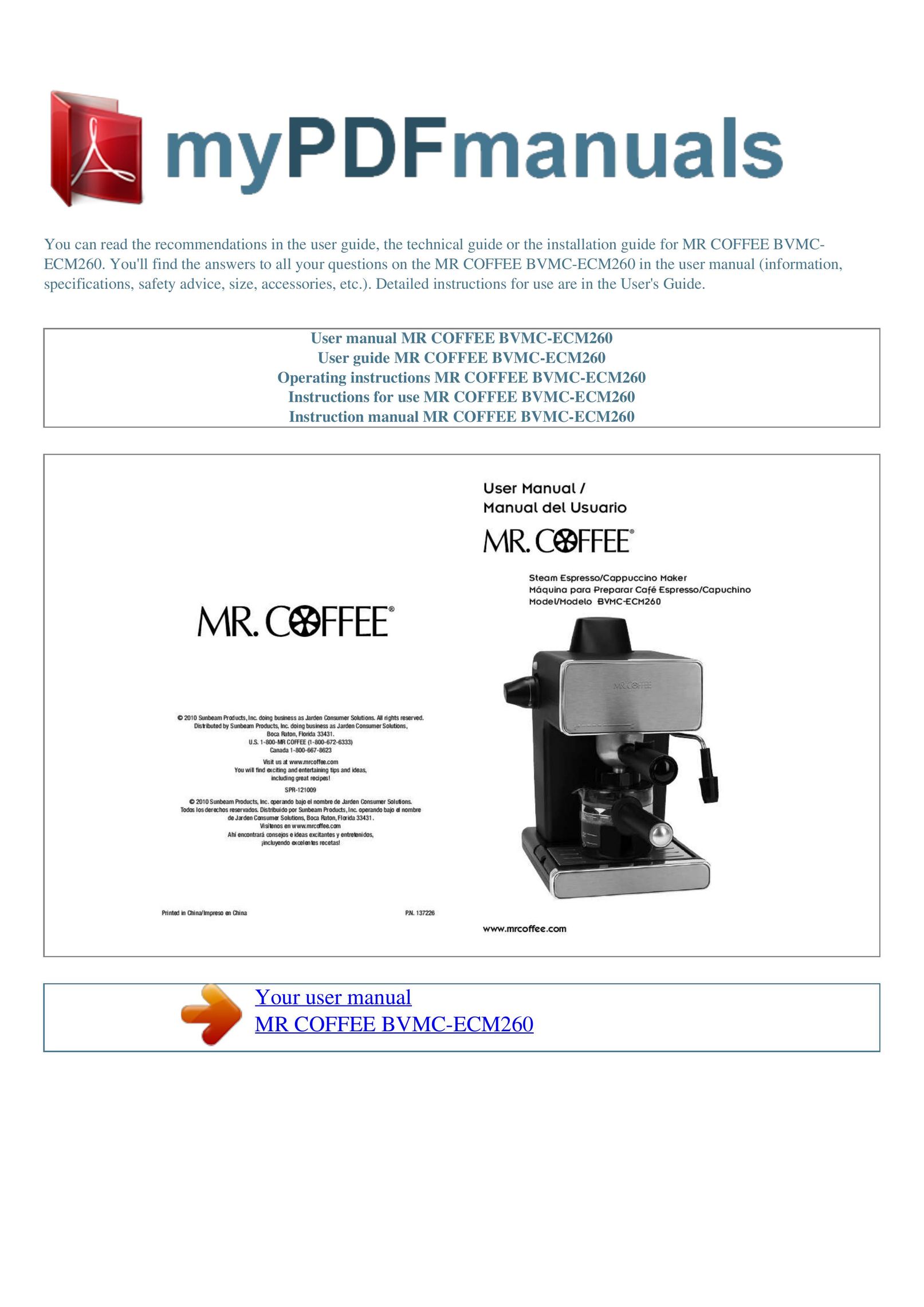 Mr. Coffee BVMC-ECM260 Coffeemaker User Manual