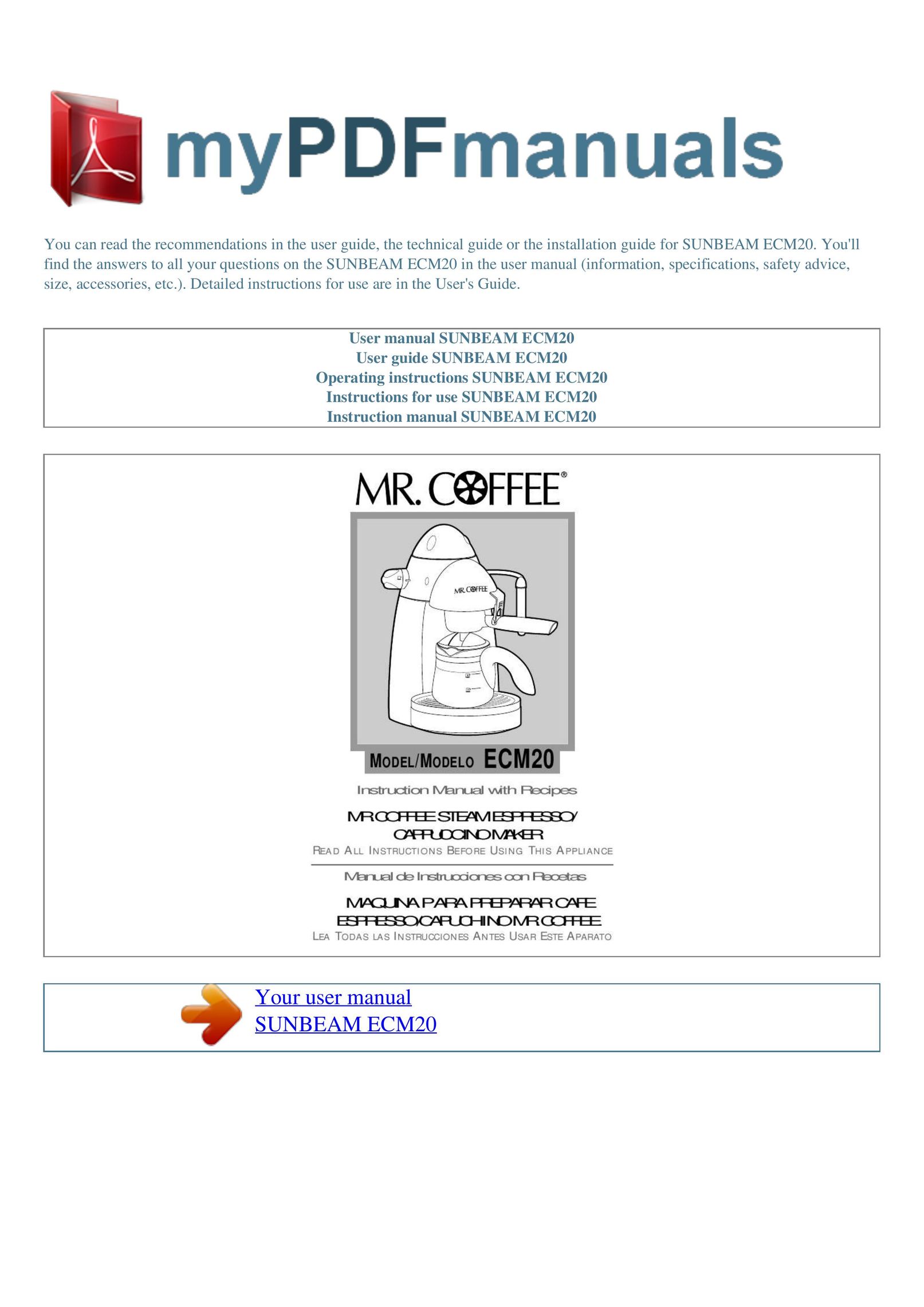 Mr. Coffee ECM20 Coffeemaker User Manual