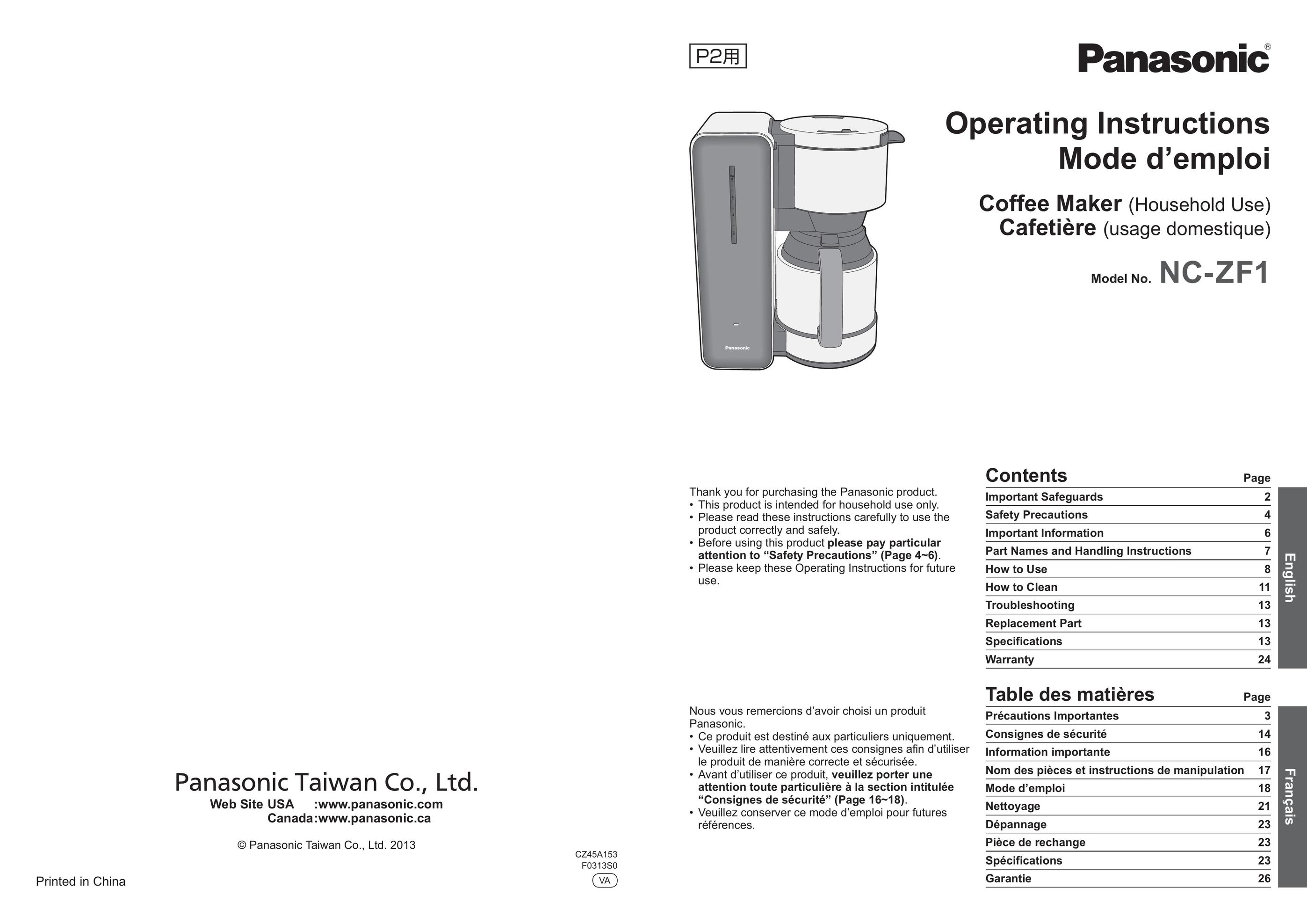 Panasonic NC-ZF1H Coffeemaker User Manual