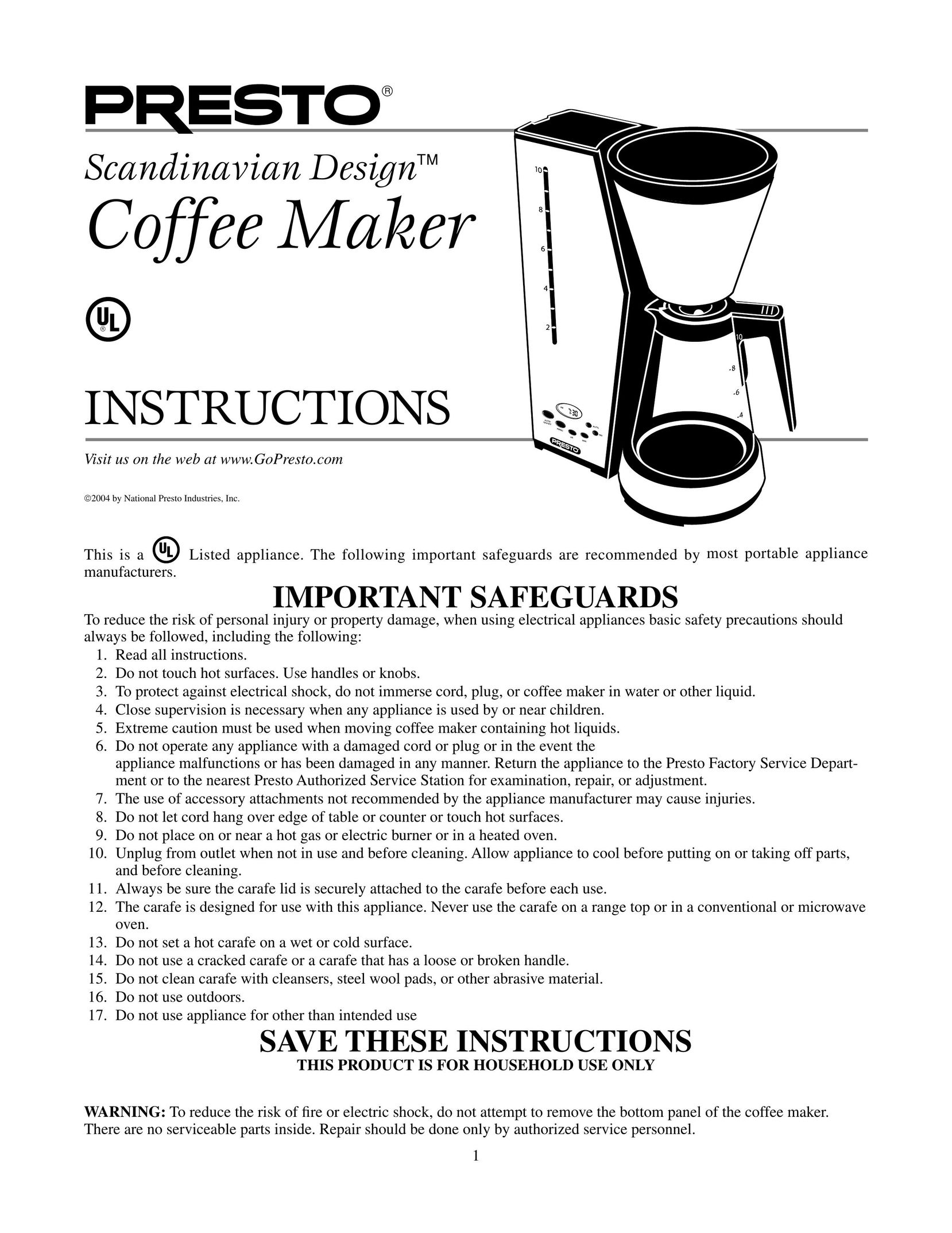 Presto Scandinavian Design Coffeemaker User Manual