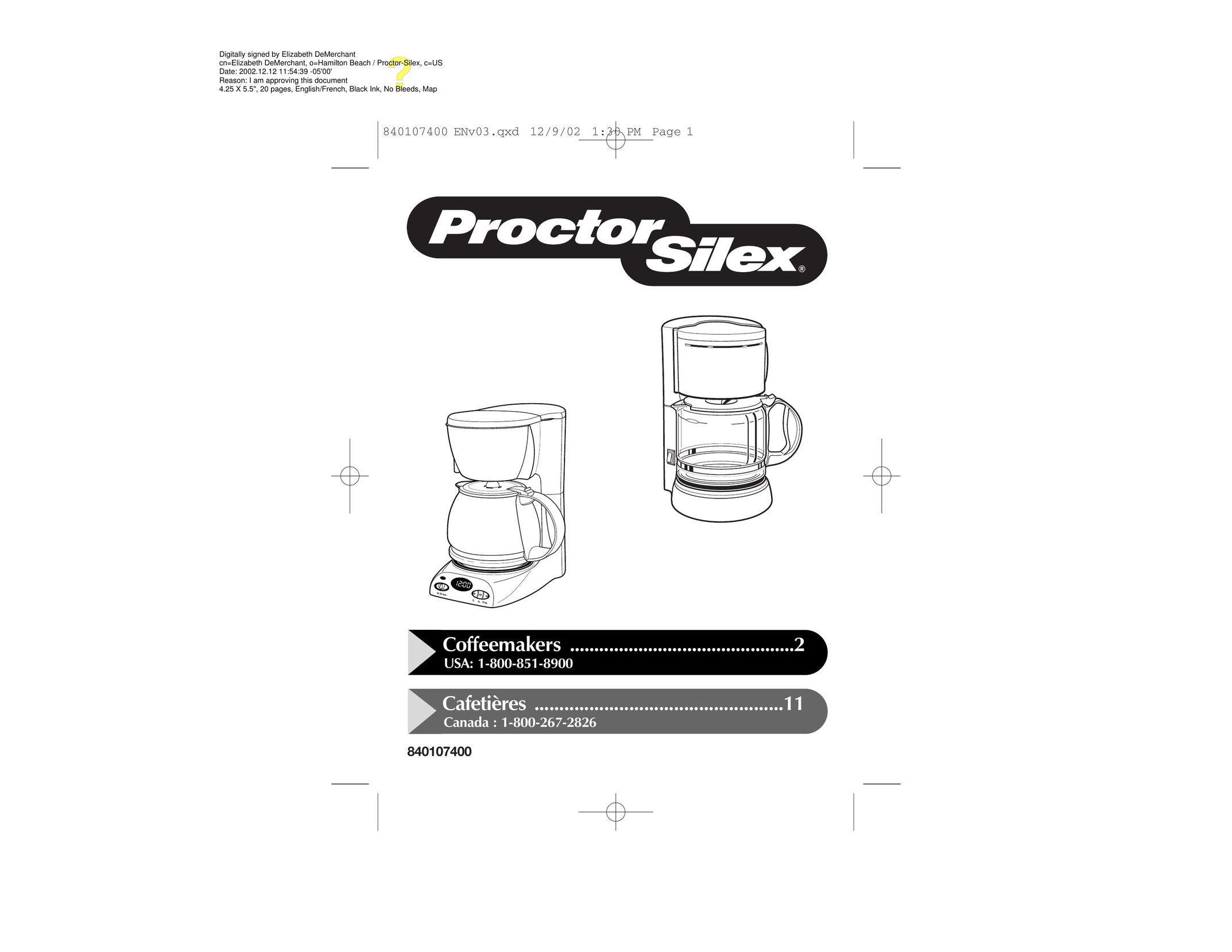 Proctor-Silex 840107400 Coffeemaker User Manual
