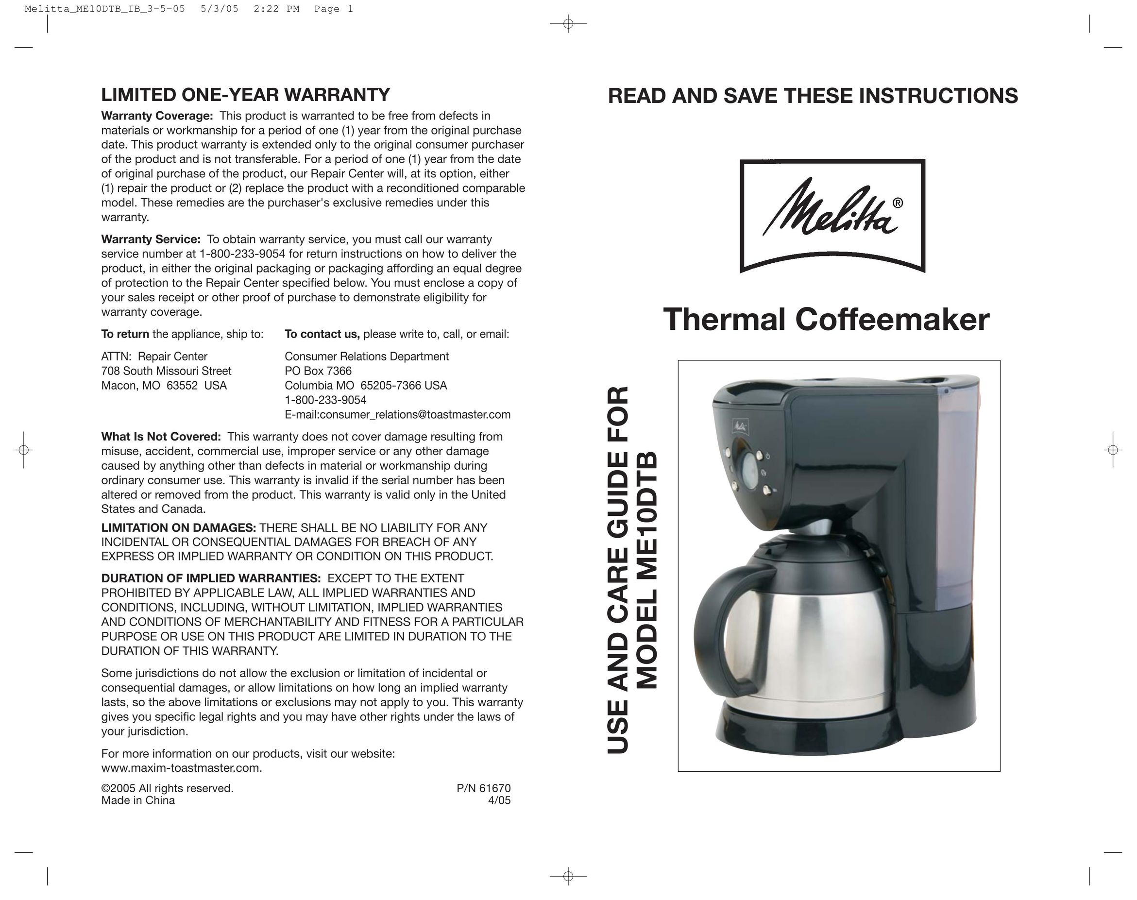 Toastmaster ME10DTB Coffeemaker User Manual