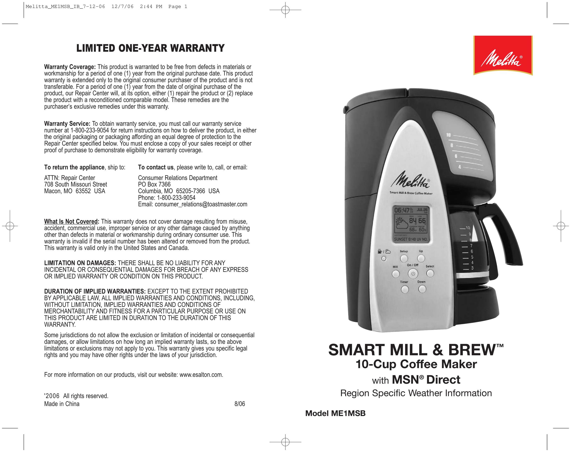 Toastmaster ME1MSB Coffeemaker User Manual
