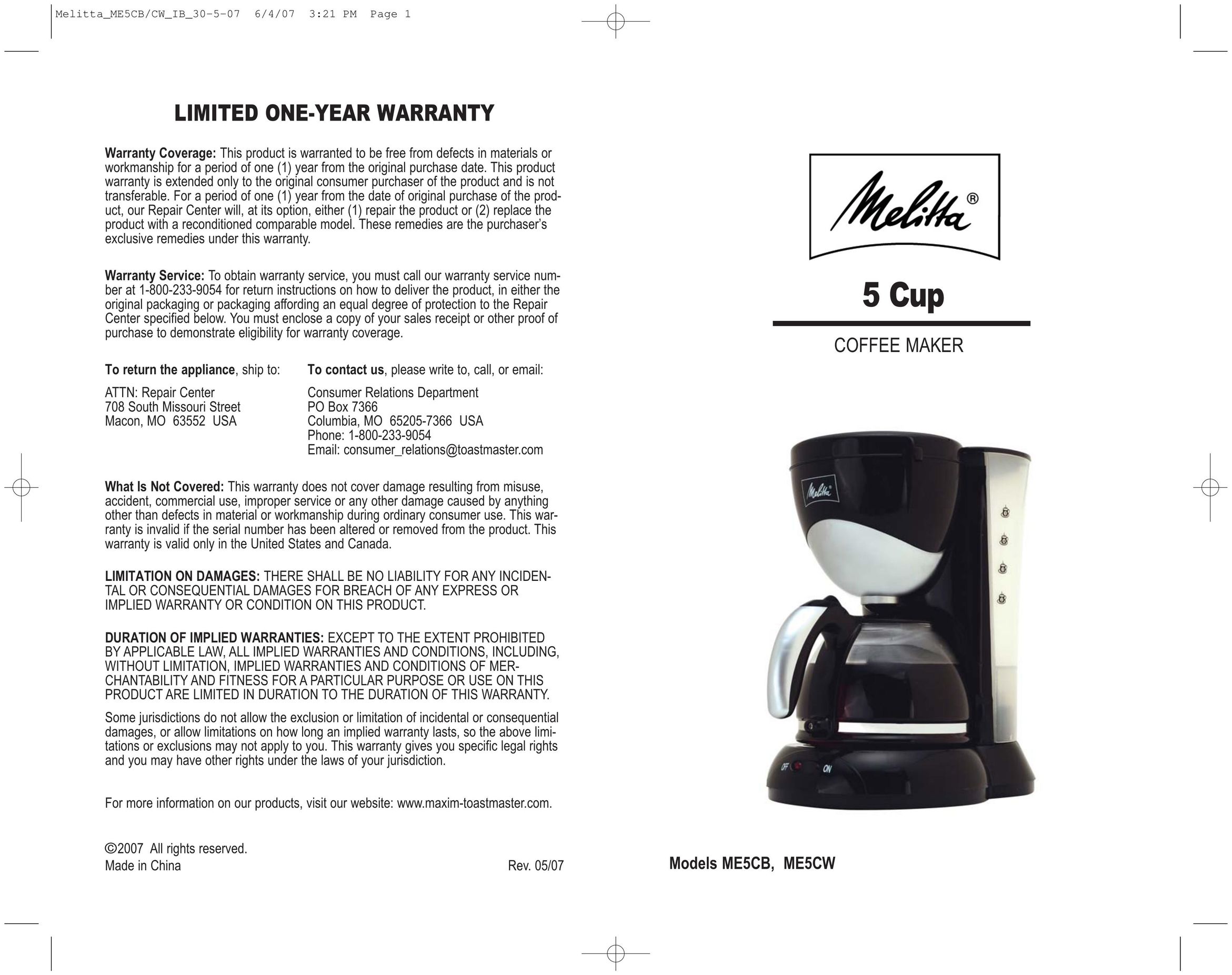 Toastmaster ME5CB Coffeemaker User Manual