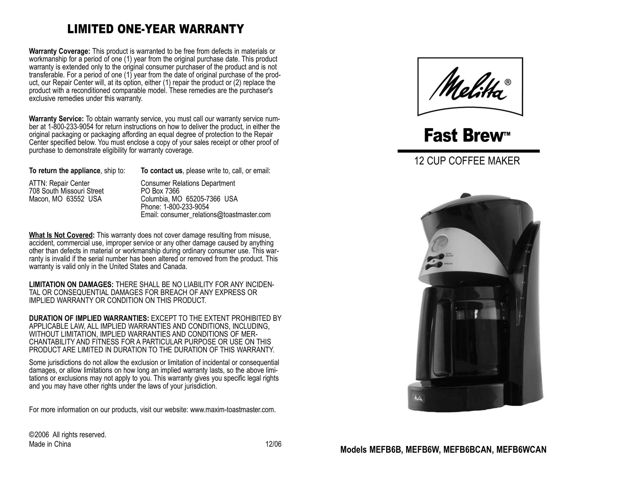 Toastmaster MEFB6BCAN Coffeemaker User Manual