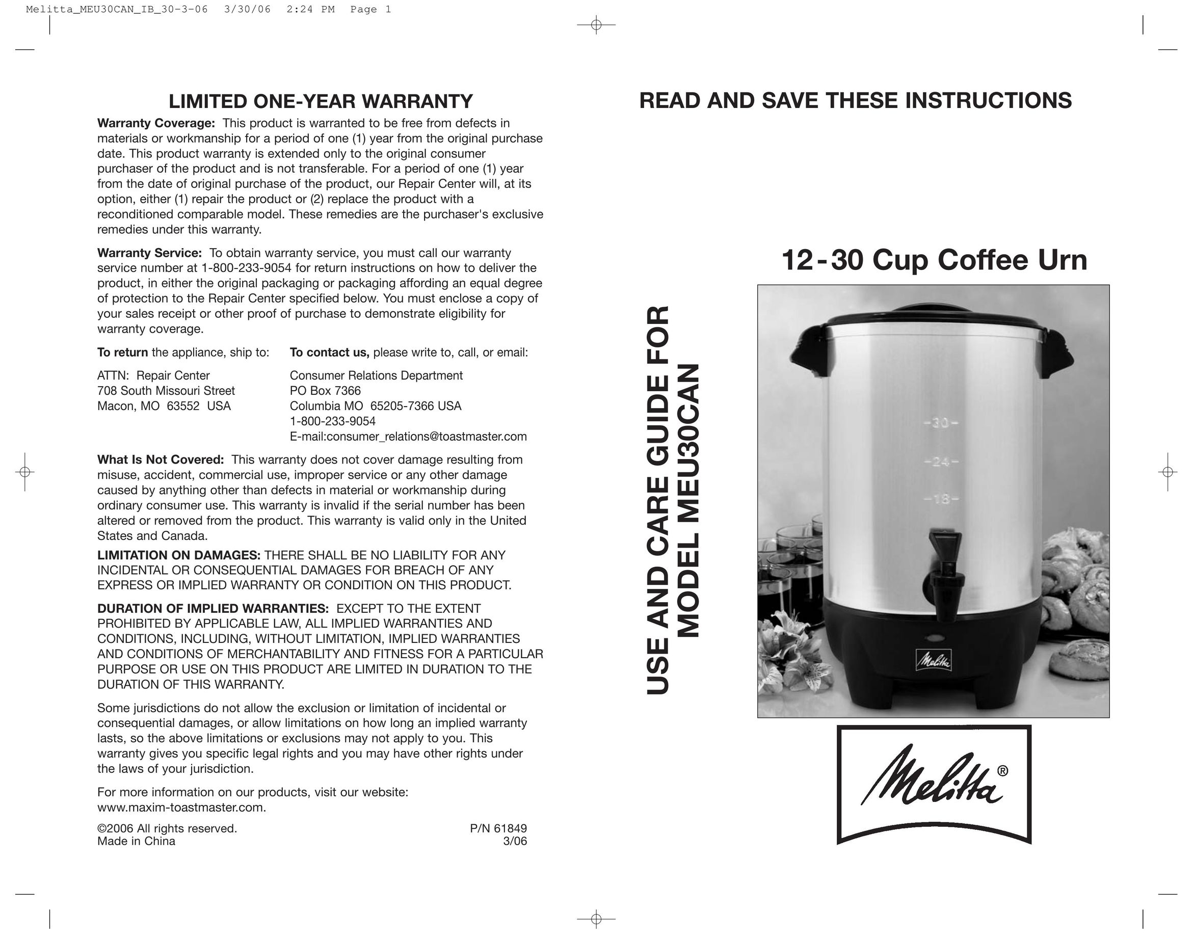 Toastmaster MEU30CAN Coffeemaker User Manual