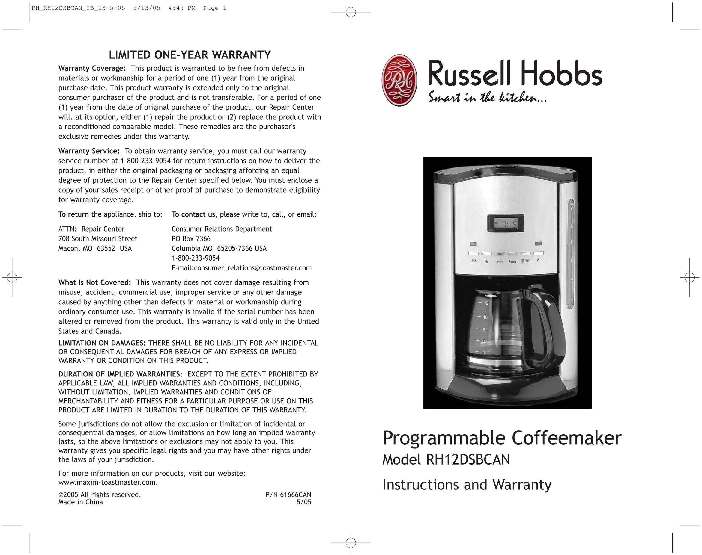 Toastmaster RH12DSBCAN Coffeemaker User Manual