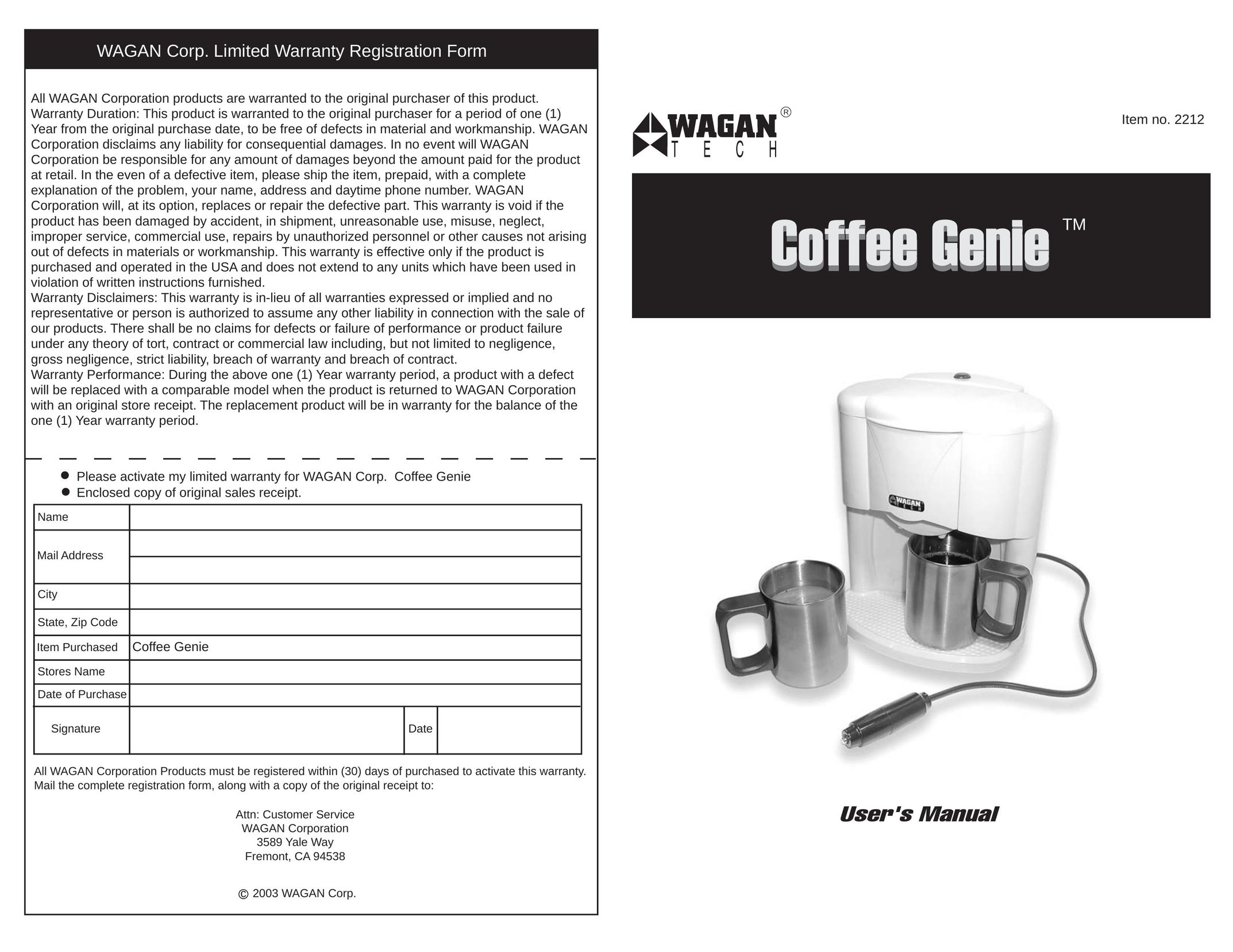 Wagan Coffee Genie Coffeemaker User Manual