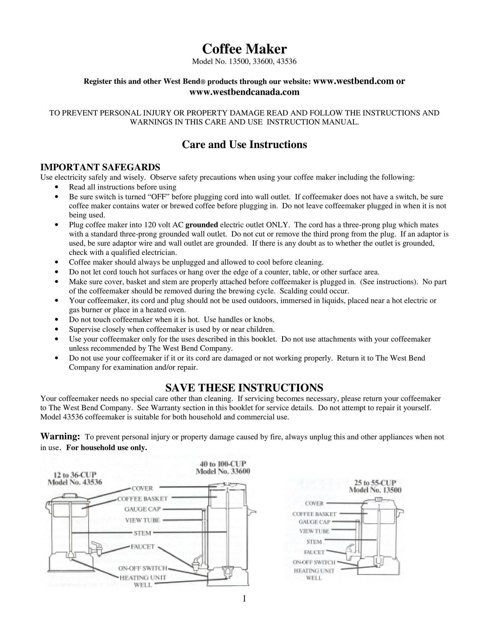 West Bend 13500 Coffeemaker User Manual