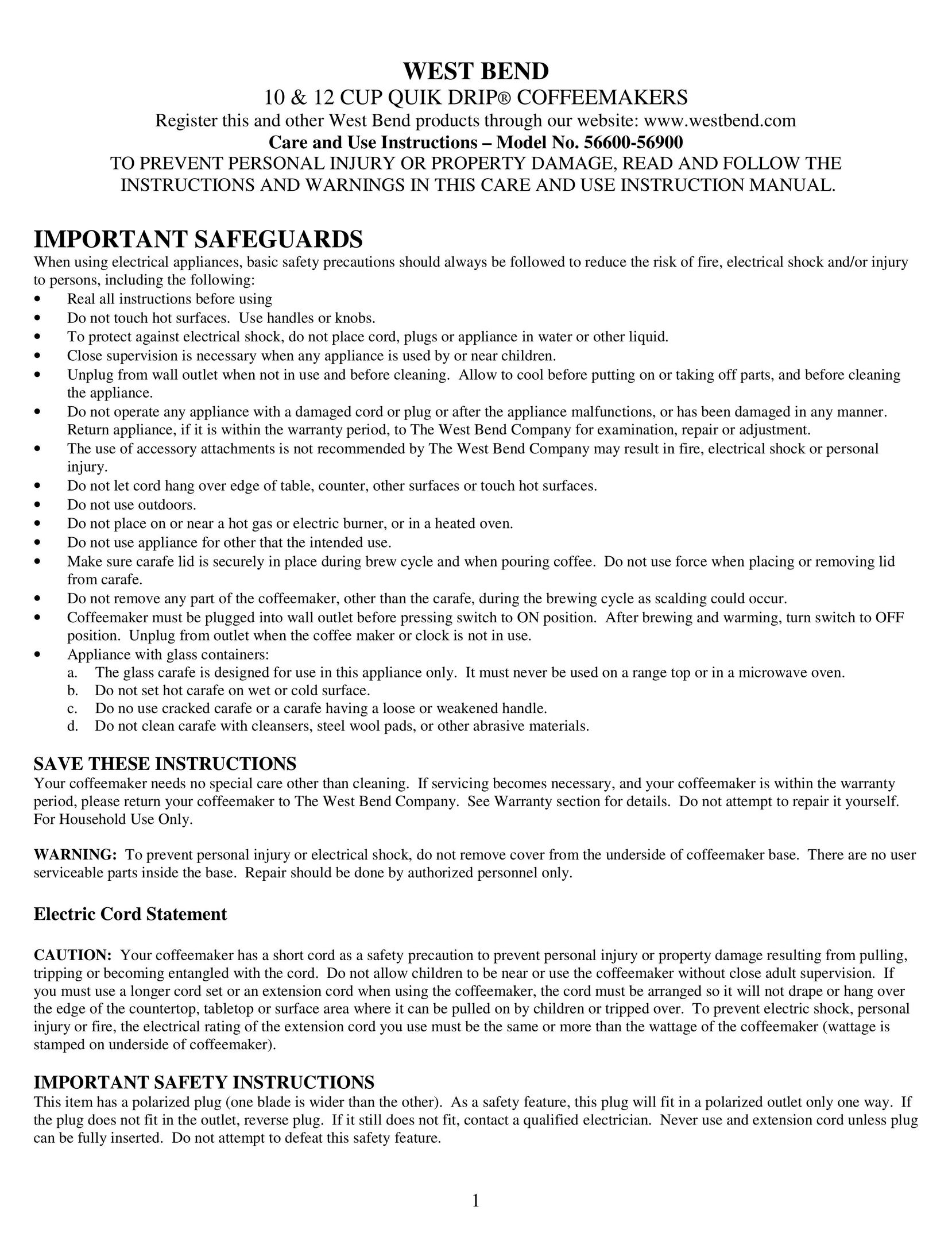 West Bend 56600 Coffeemaker User Manual