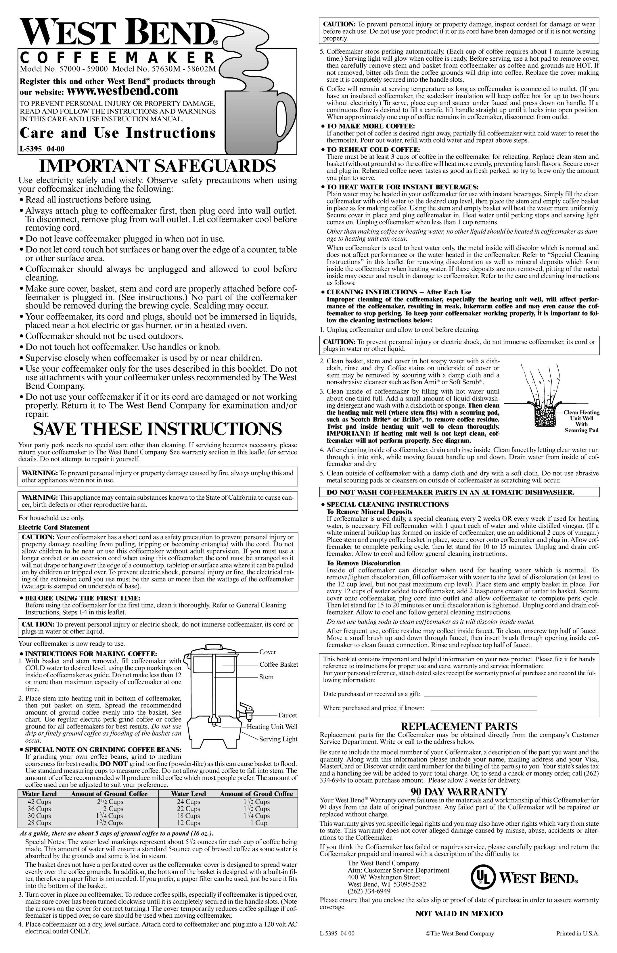 West Bend 58602M Coffeemaker User Manual