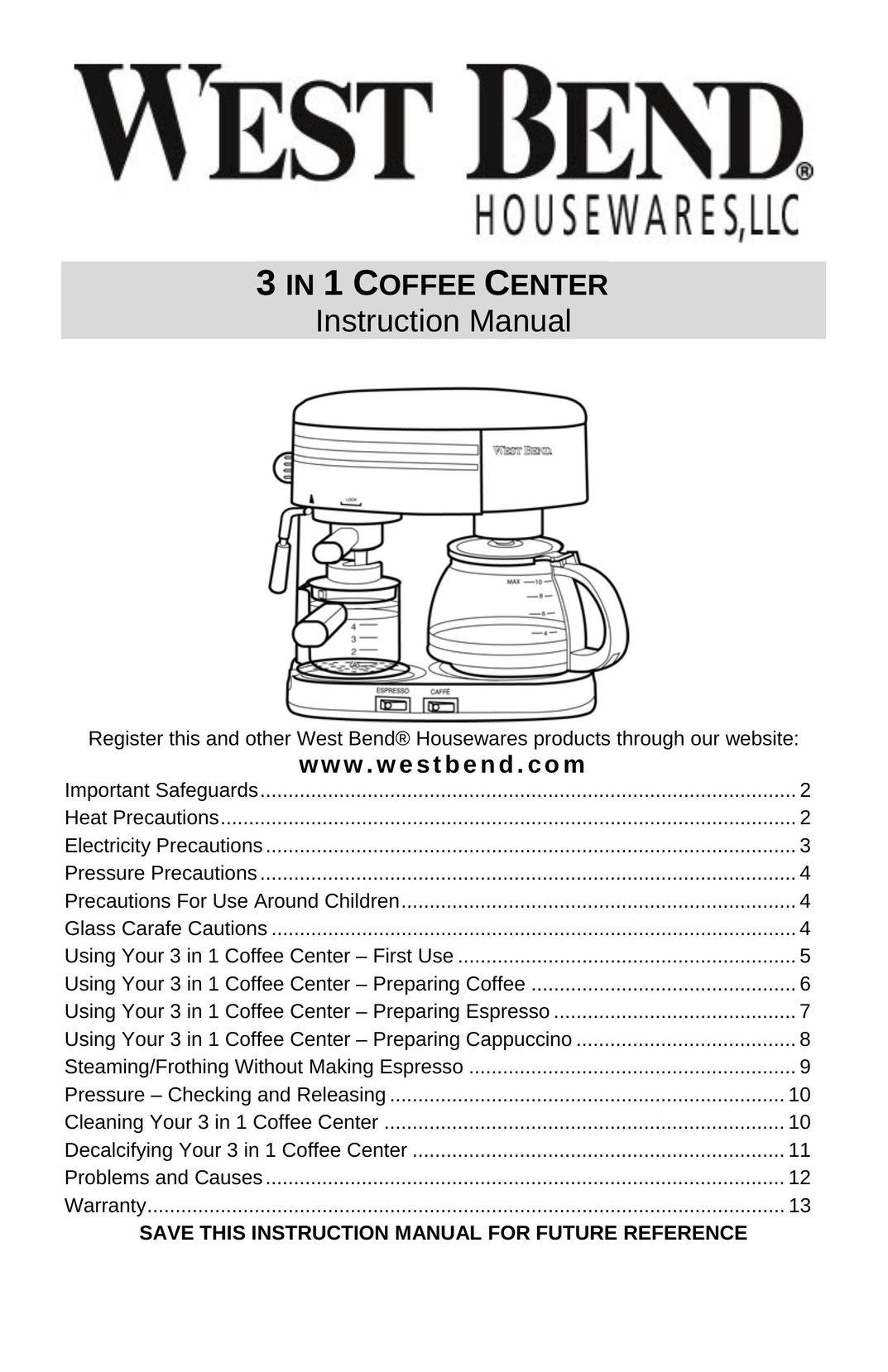 West Bend COFFEE CENTER Coffeemaker User Manual