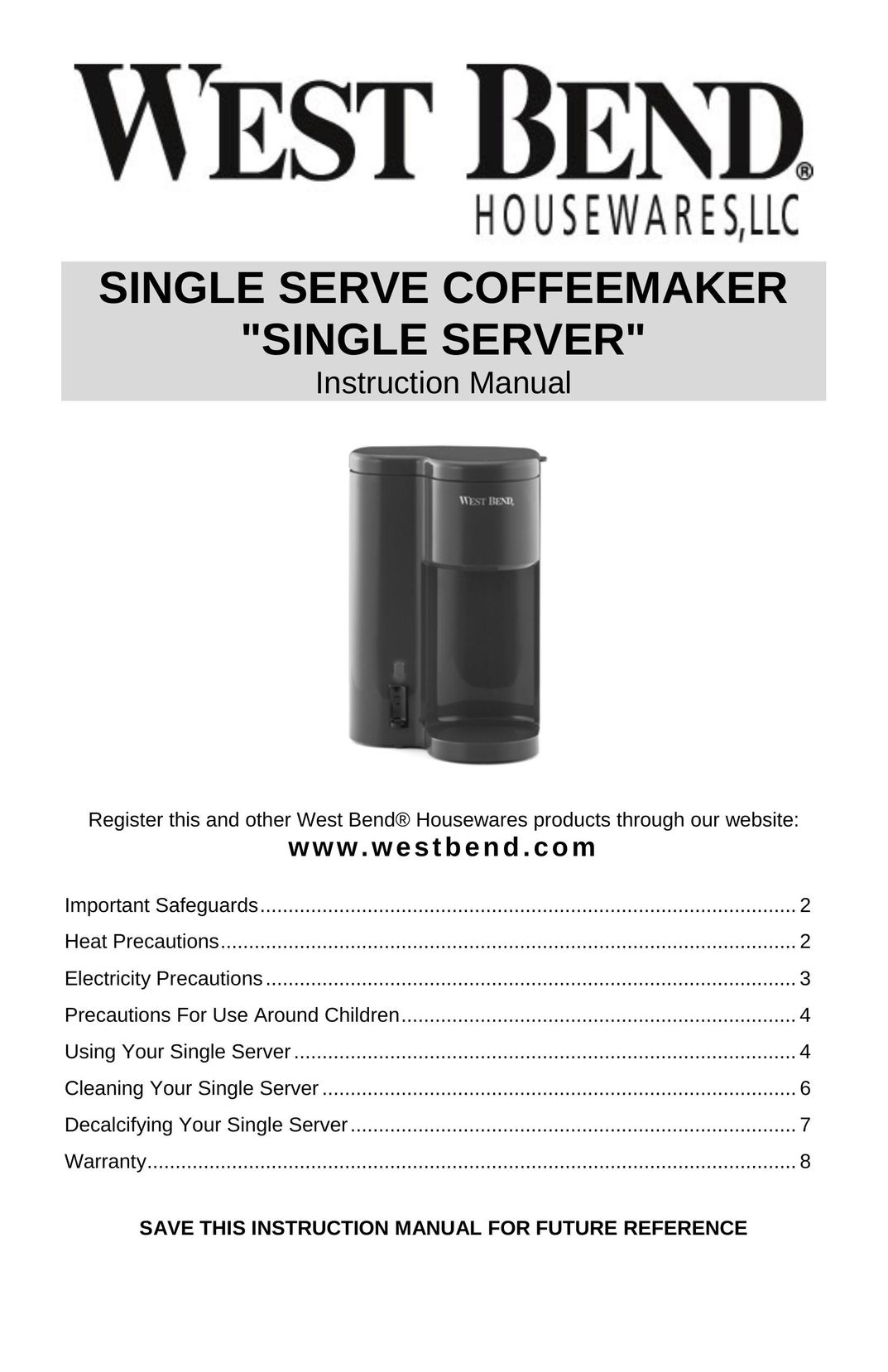 West Bend SINGLE SERVE COFFEEMAKER Coffeemaker User Manual