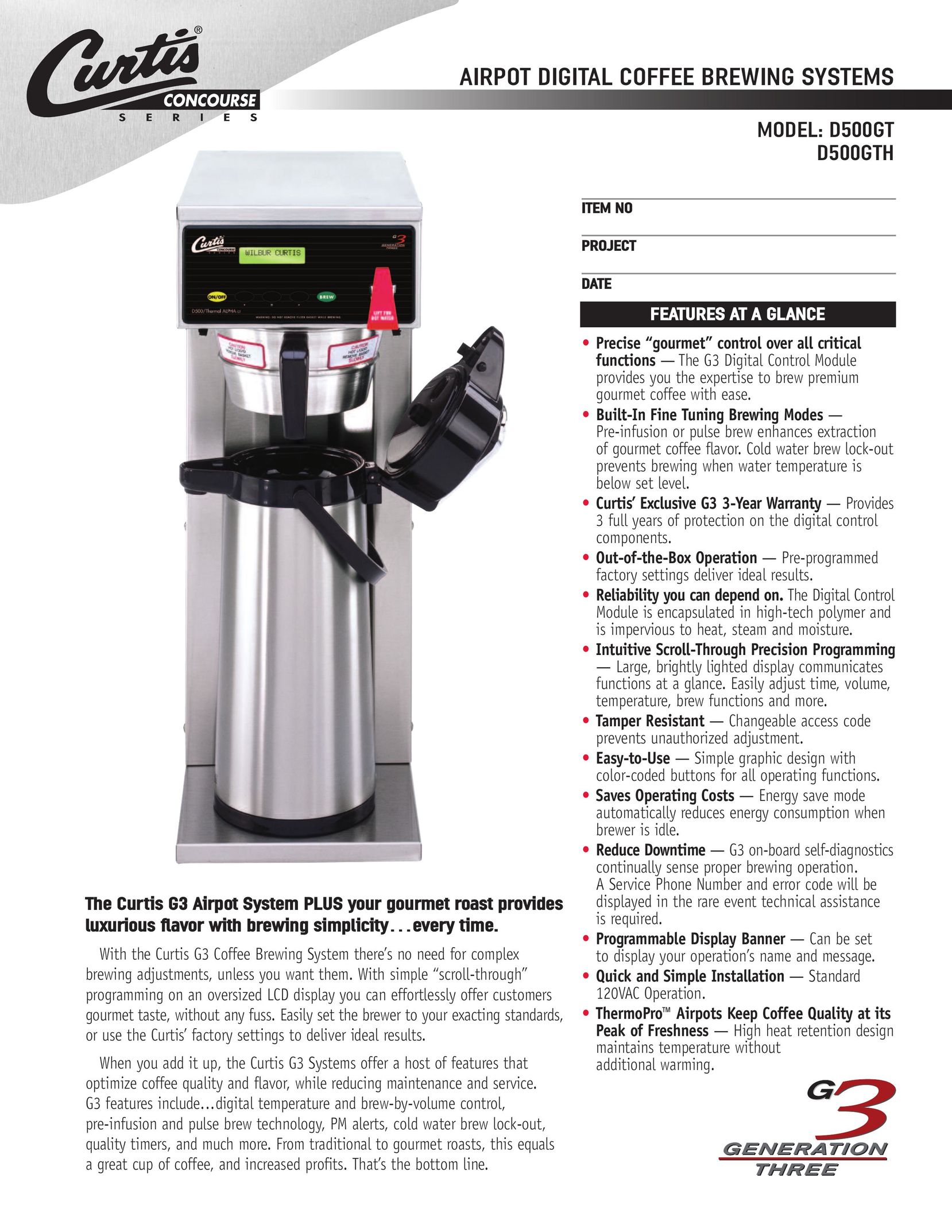 Wibur Curtis Company D500GTH Coffeemaker User Manual