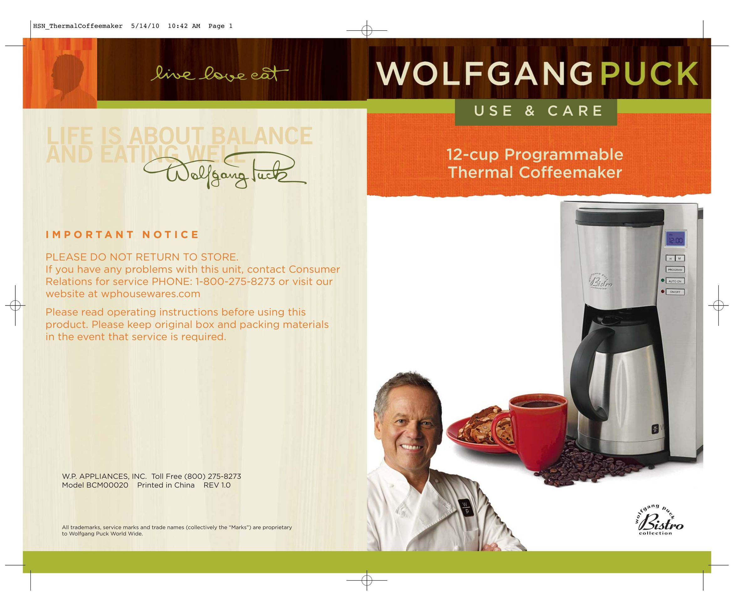 Wolfgang Puck Model BCM00020 Coffeemaker User Manual