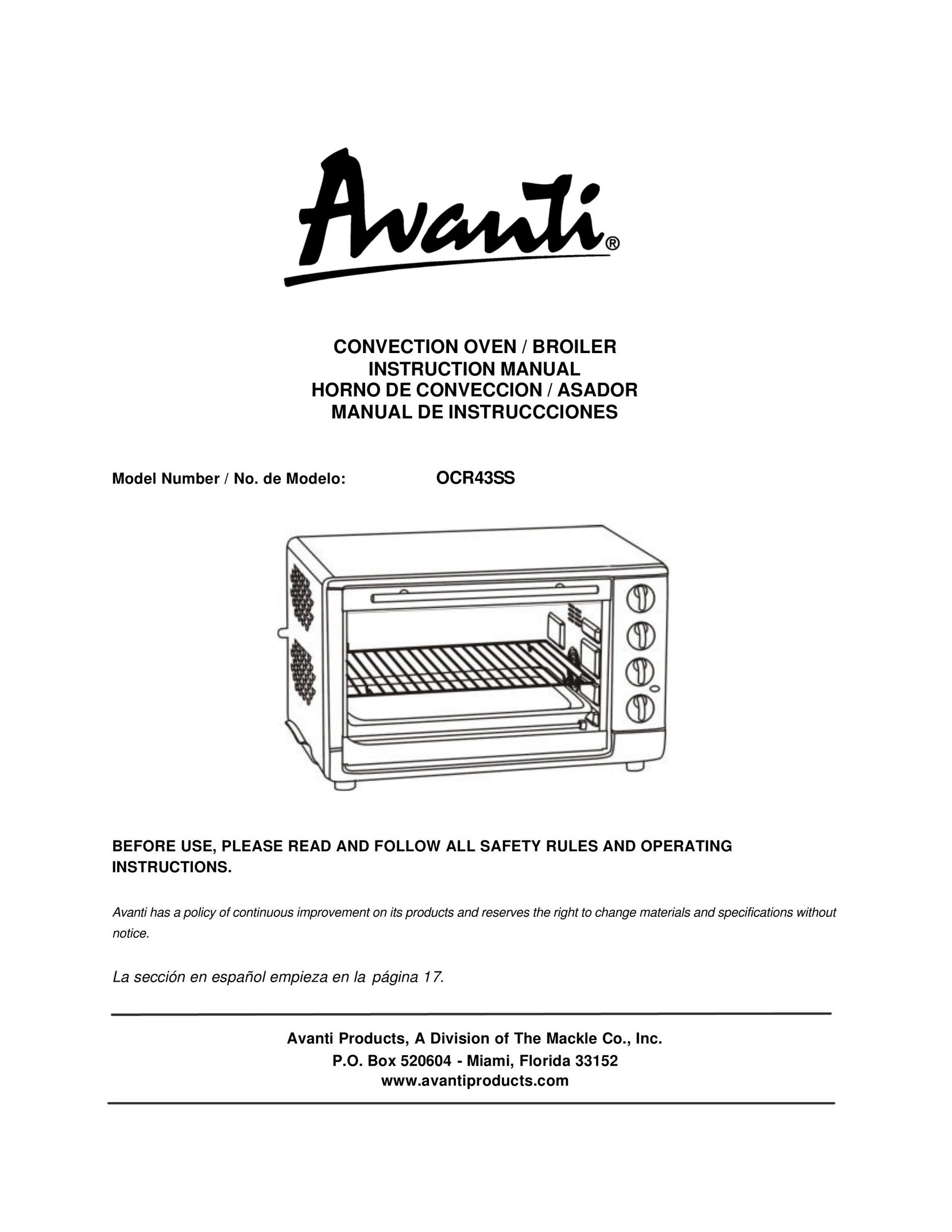 Avanti OCR43SS Convection Oven User Manual