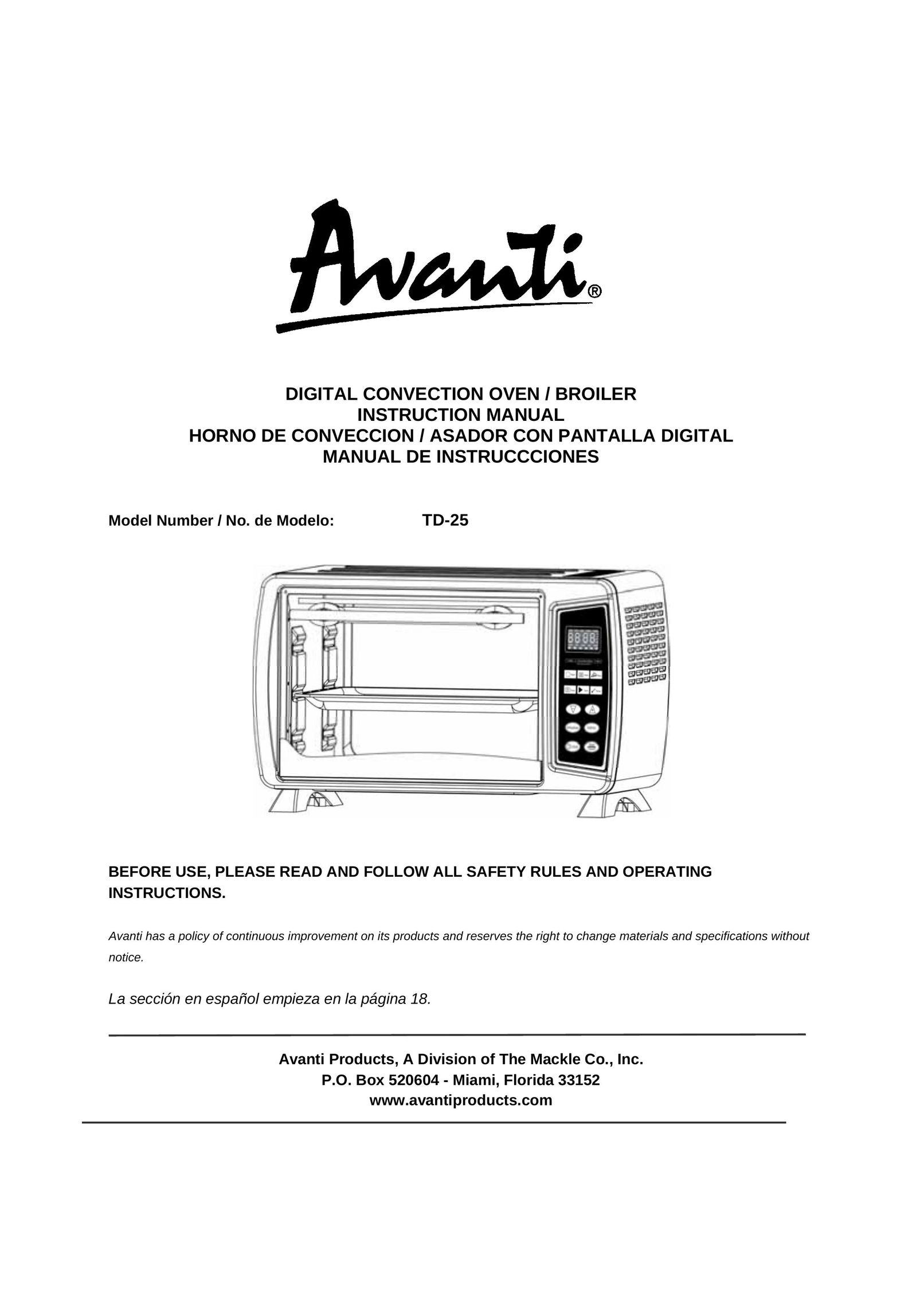Avanti TD-25 Convection Oven User Manual