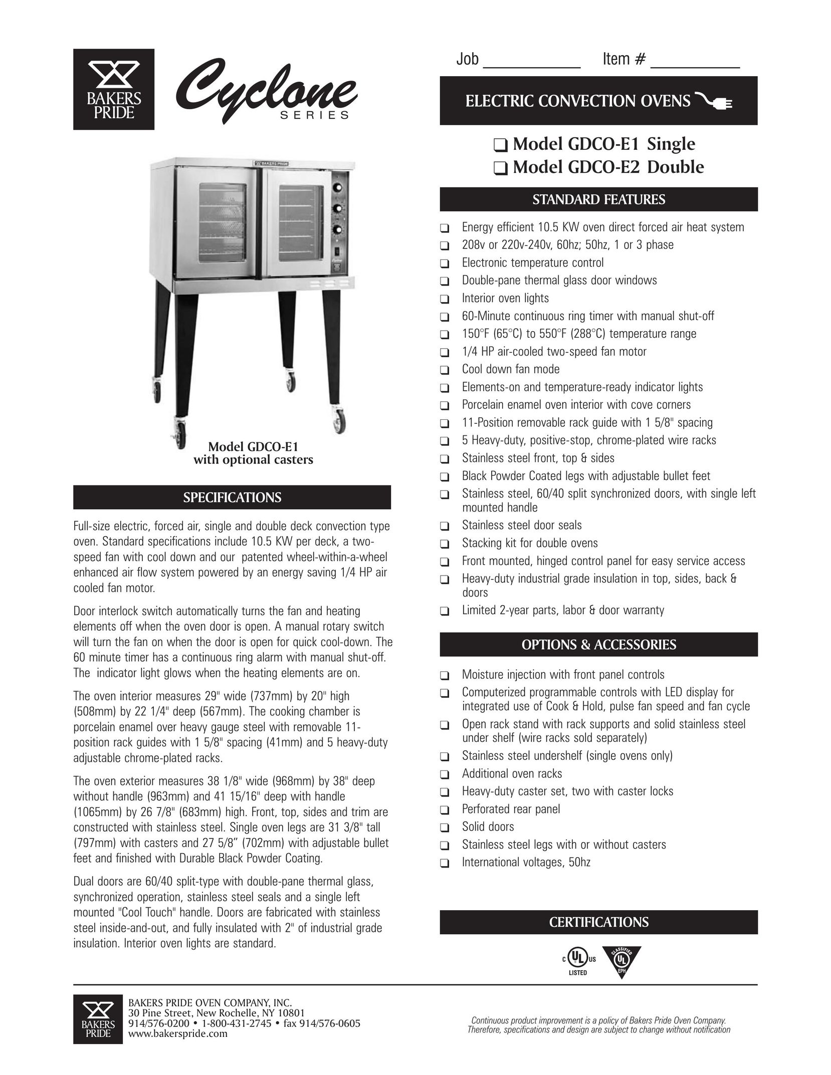Bakers Pride Oven GDCO-E1 Single Convection Oven User Manual