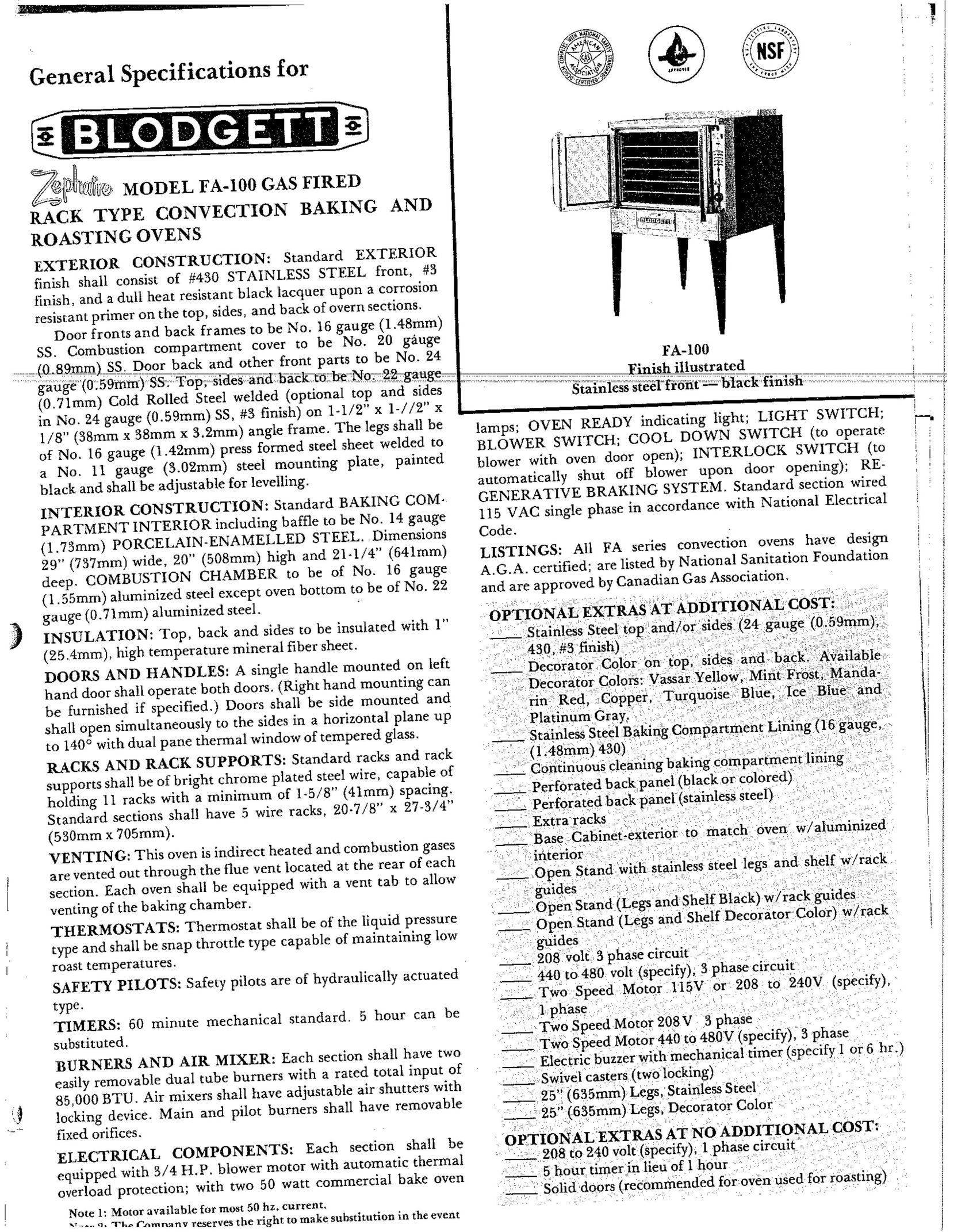 Blodgett FA-100 Convection Oven User Manual