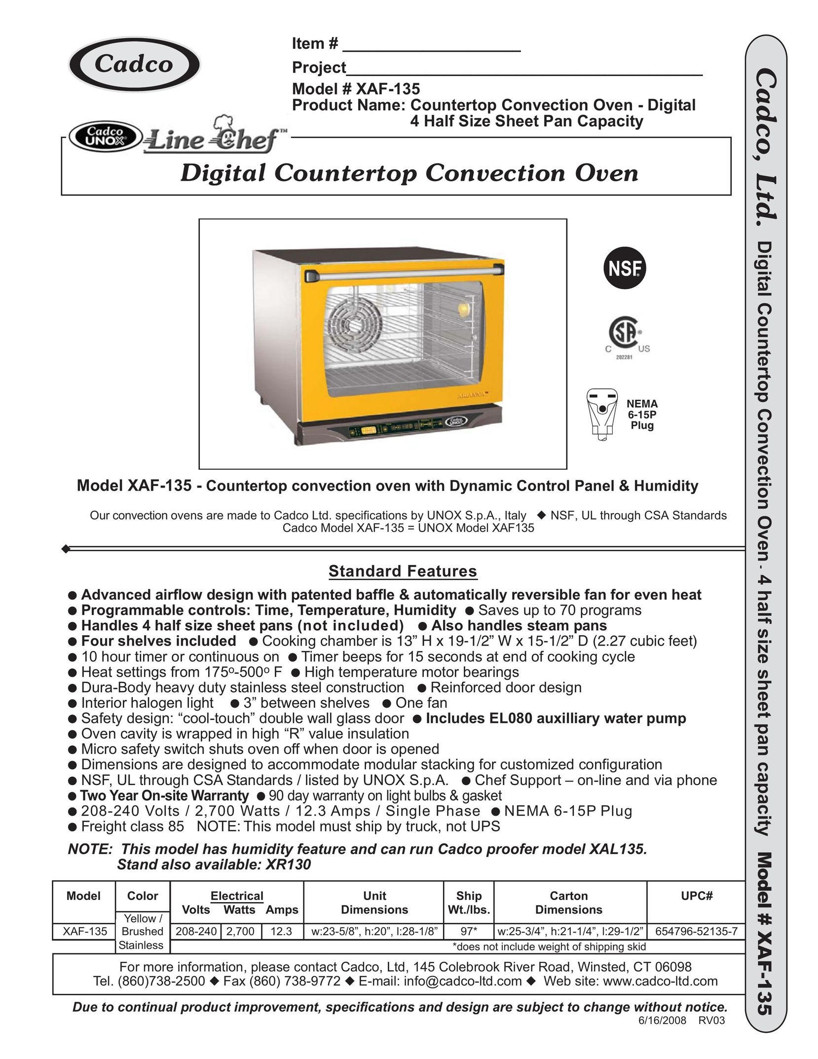Cadco XAF-135 Convection Oven User Manual