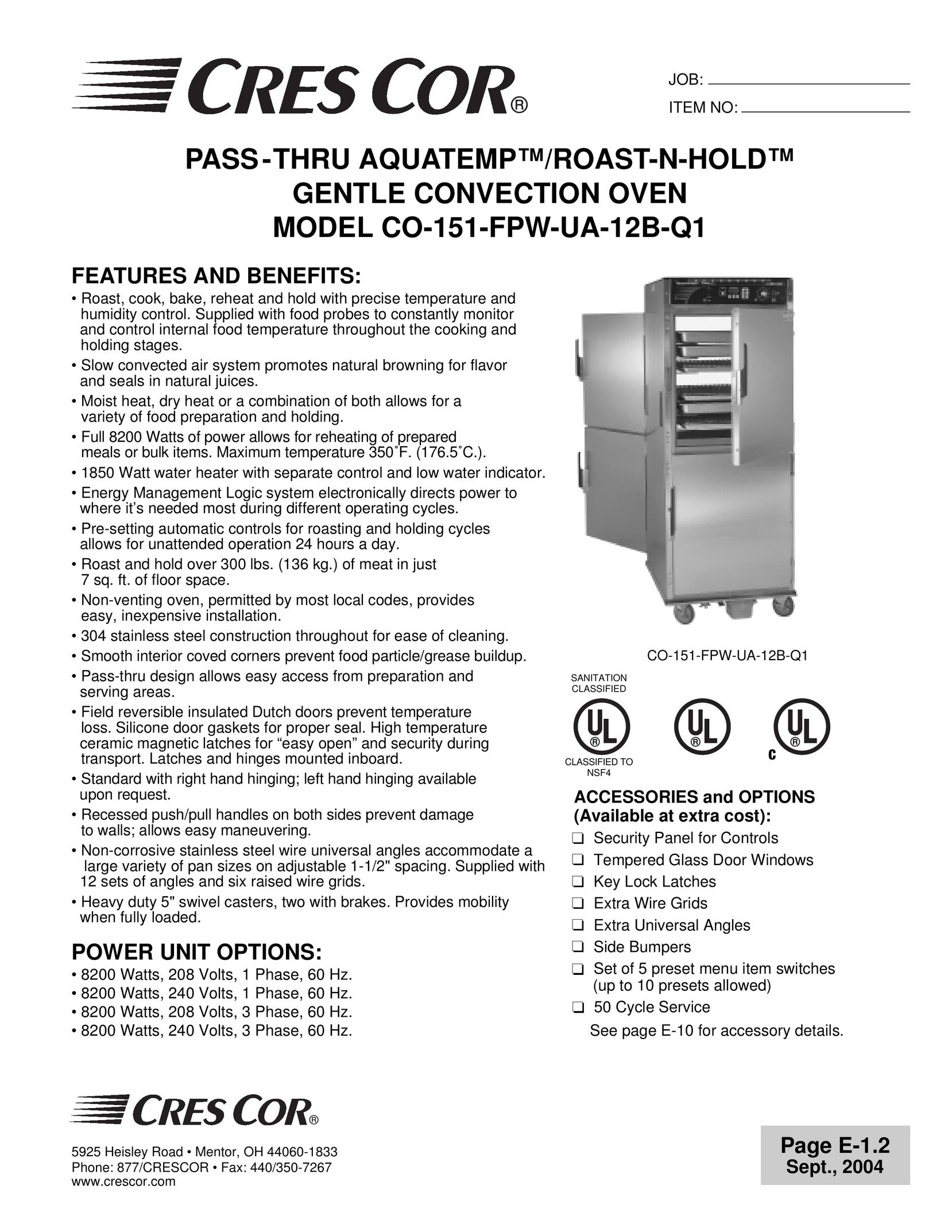 Cres Cor CO-151-FPW-UA-12B-Q1 Convection Oven User Manual
