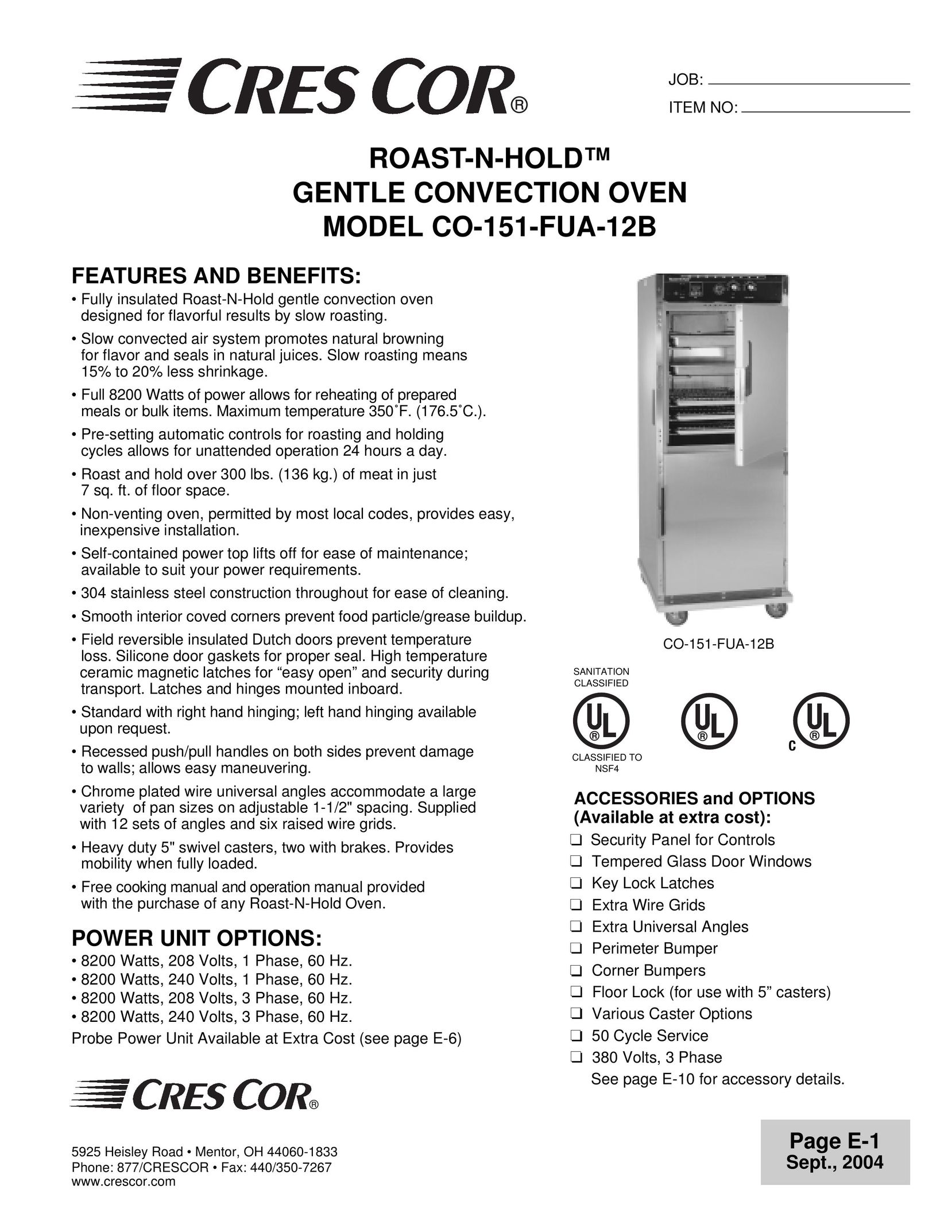 Cres Cor CO-151-FUA-12B Convection Oven User Manual
