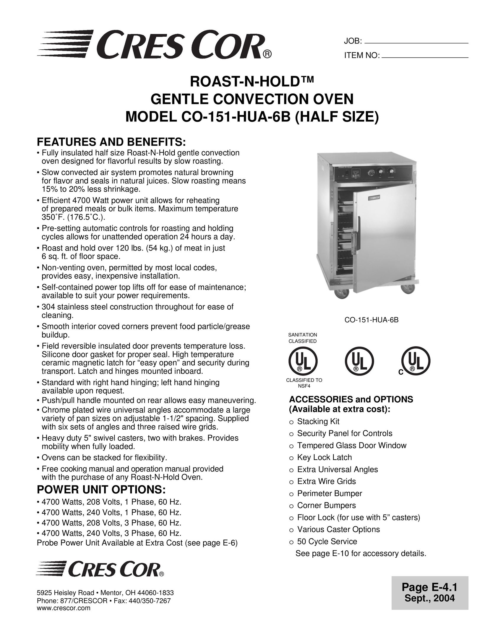 Cres Cor CO-151-HUA-6B Convection Oven User Manual