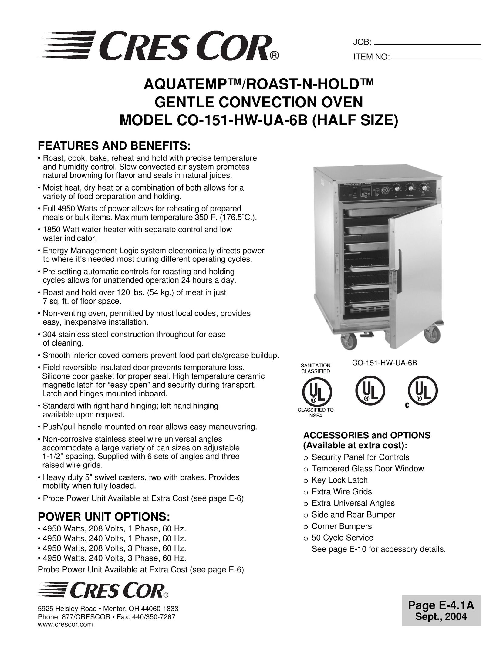 Cres Cor CO-151-HW-UA-6B Convection Oven User Manual