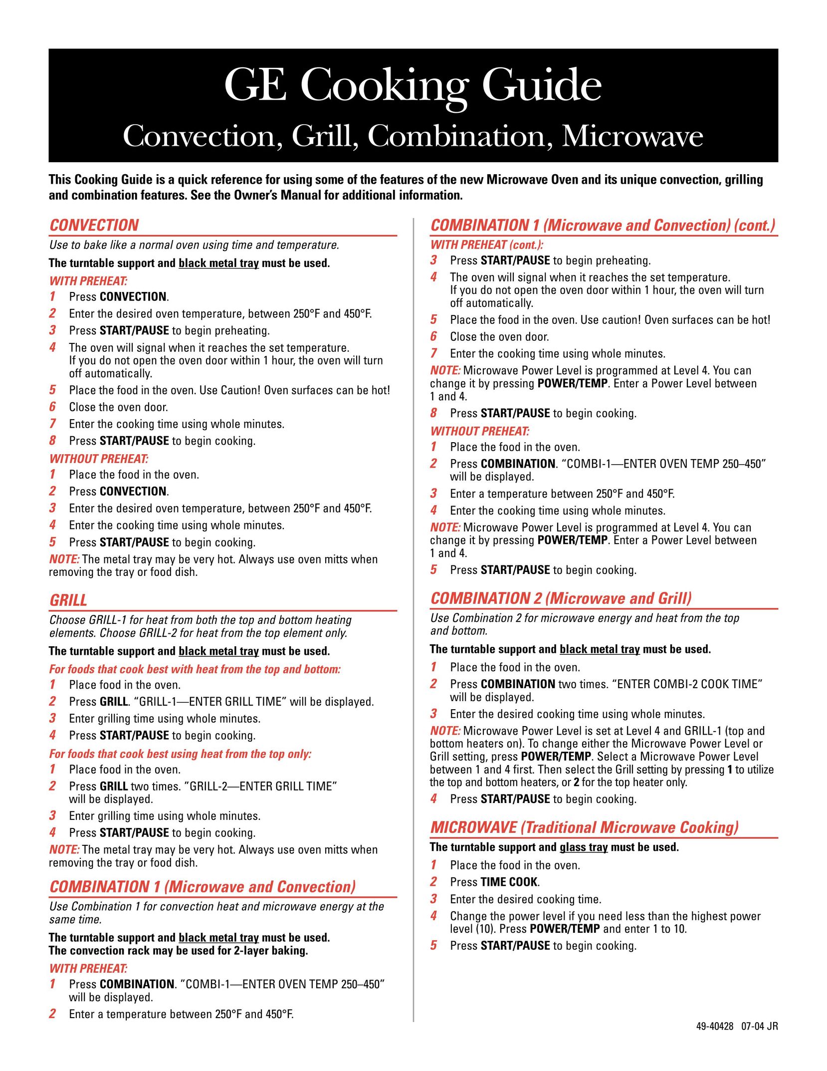 GE Convection Grill Combination Microwave Cooking Guide Convection Oven User Manual