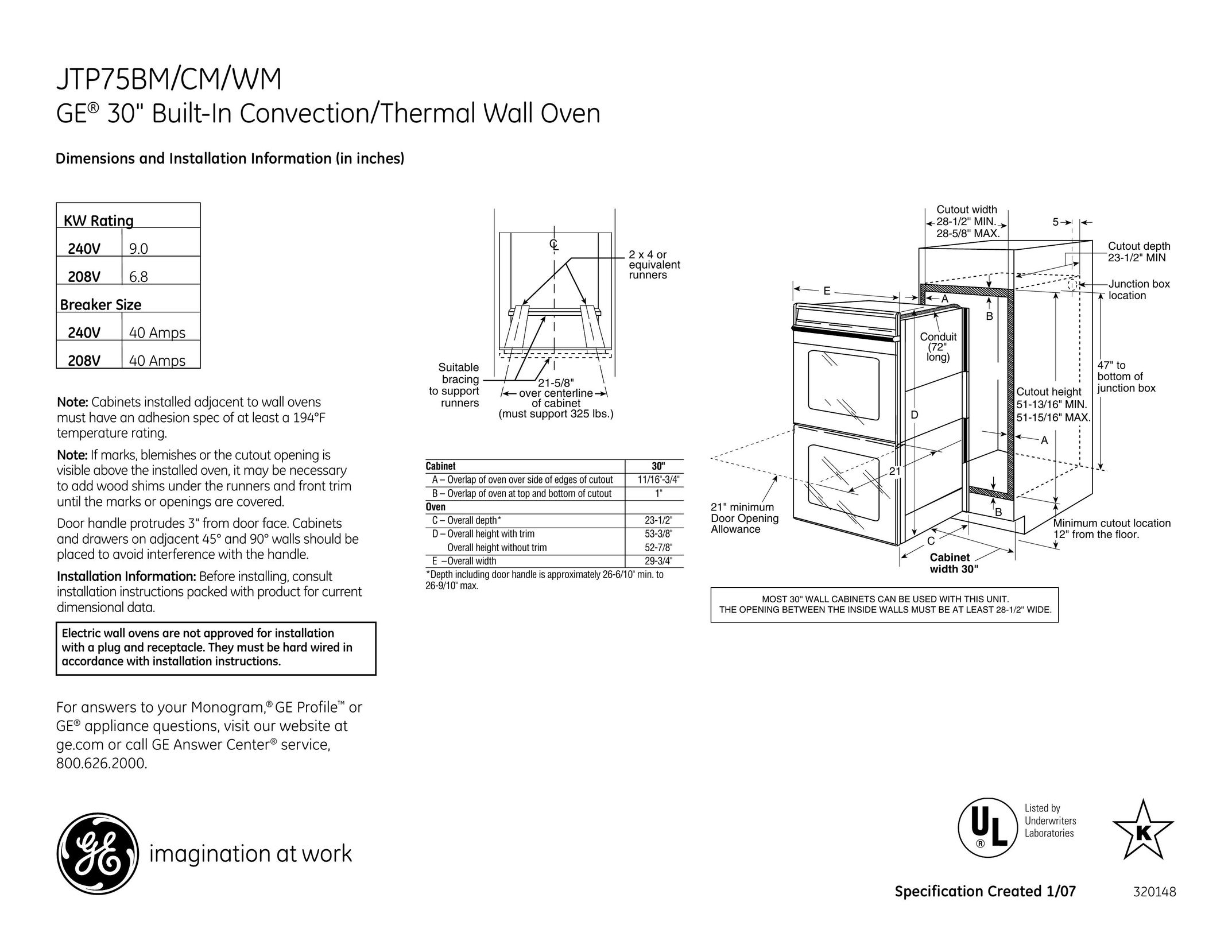 GE JTP75CM Convection Oven User Manual