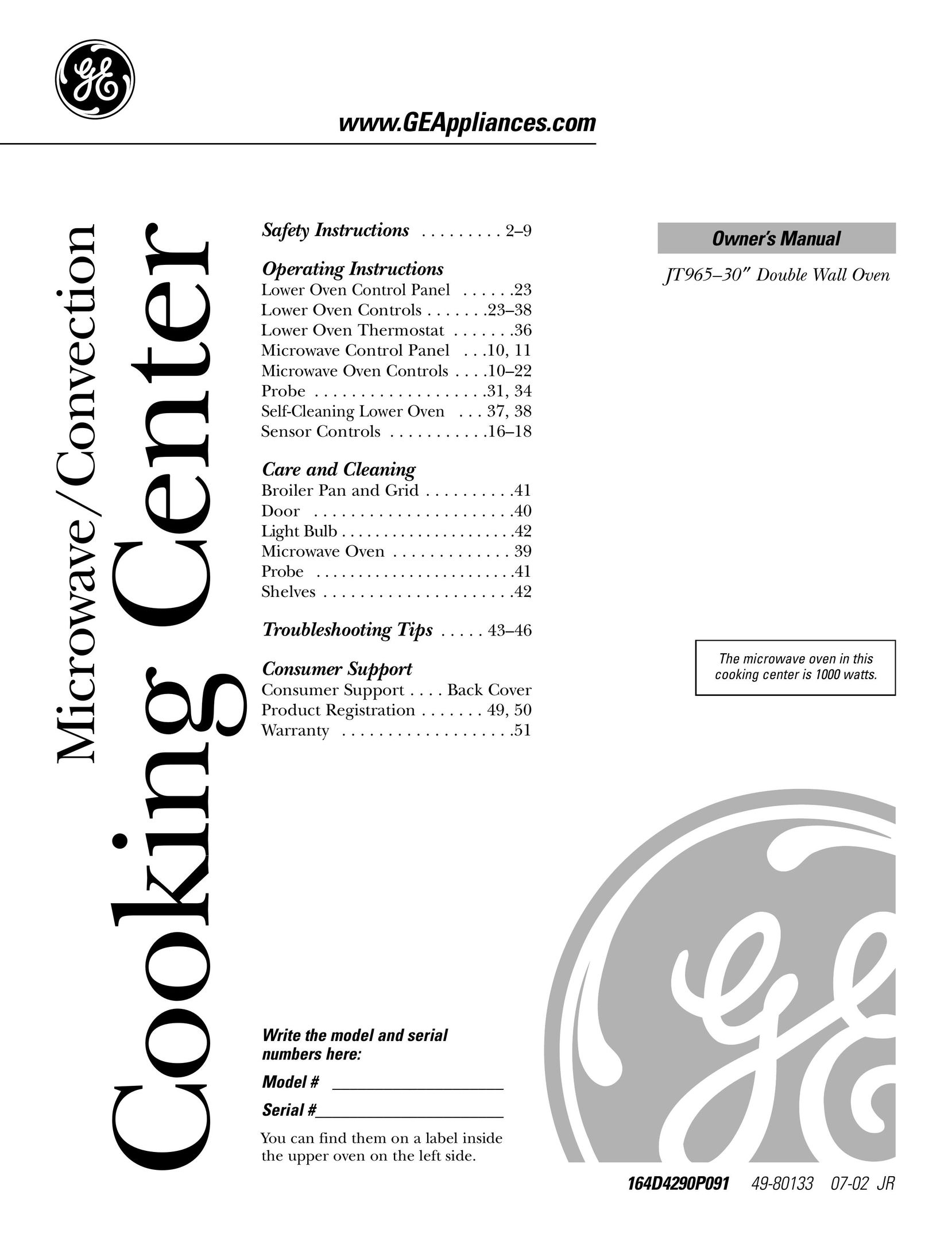 GE Monogram JT965 Convection Oven User Manual