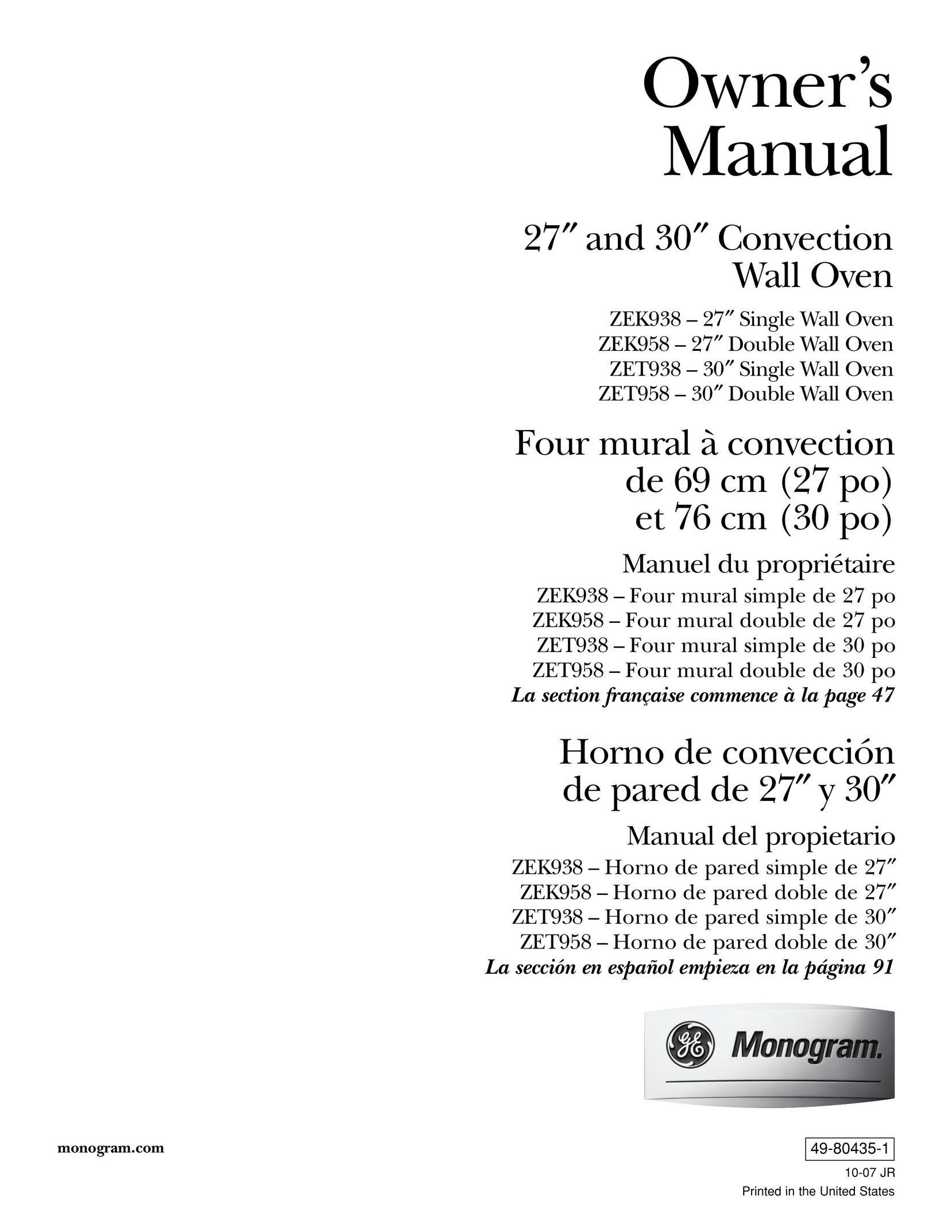 GE Monogram ZEK938 Convection Oven User Manual