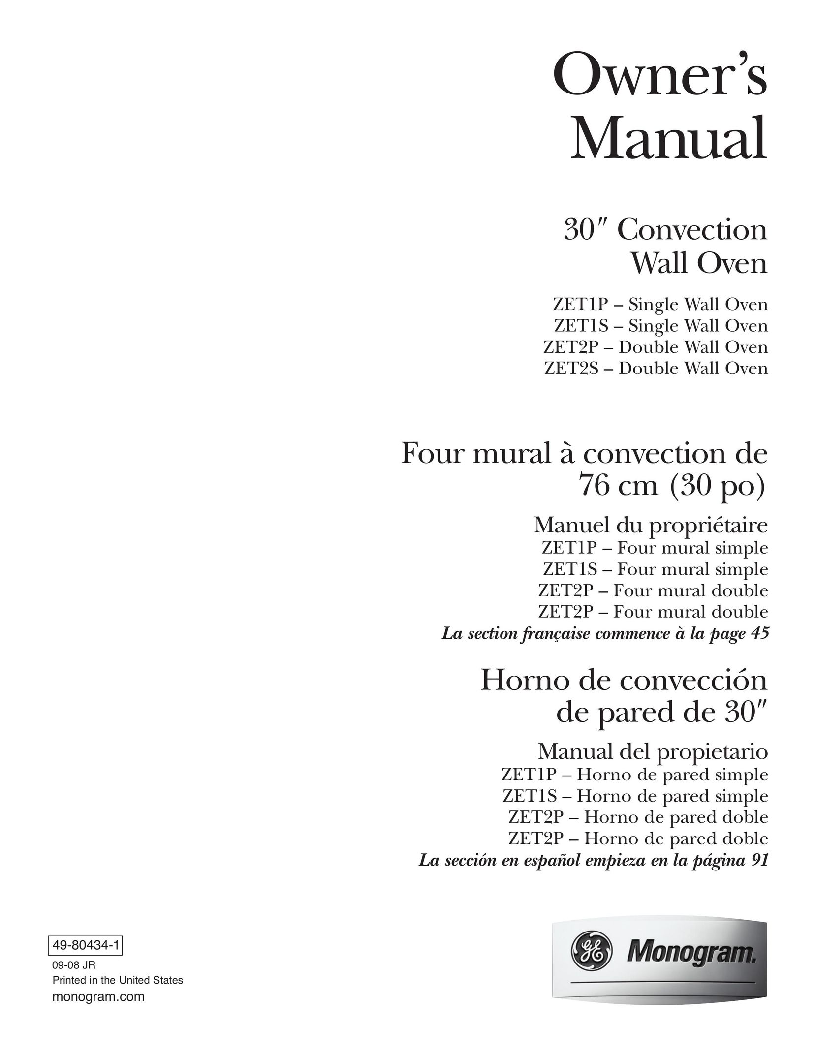 GE Monogram ZET1P Convection Oven User Manual