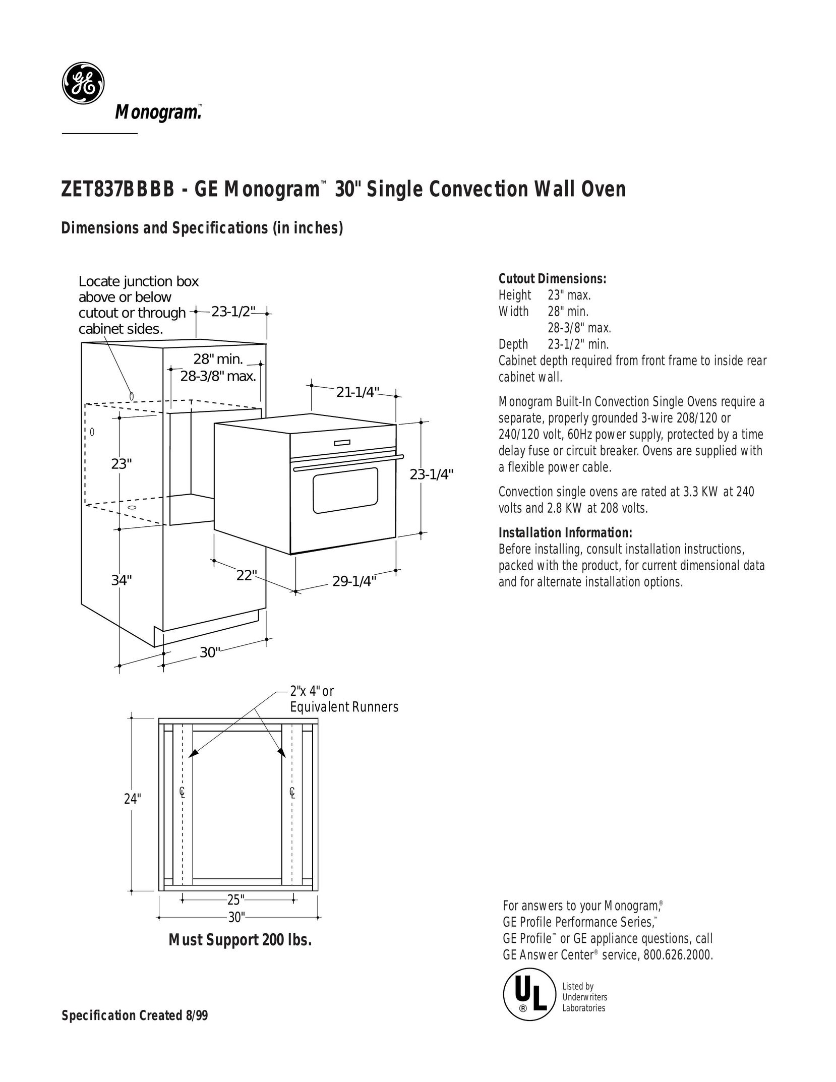 GE Monogram ZET837BBBB Convection Oven User Manual