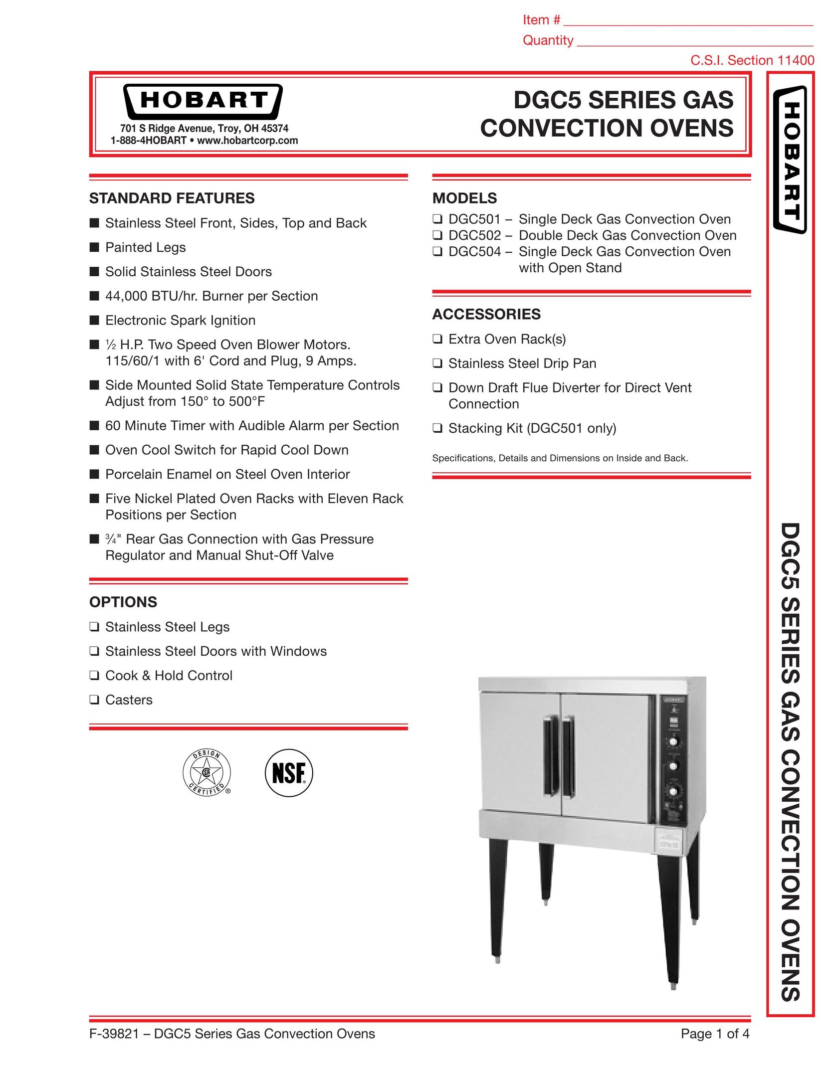 Hobart DGC501 Convection Oven User Manual