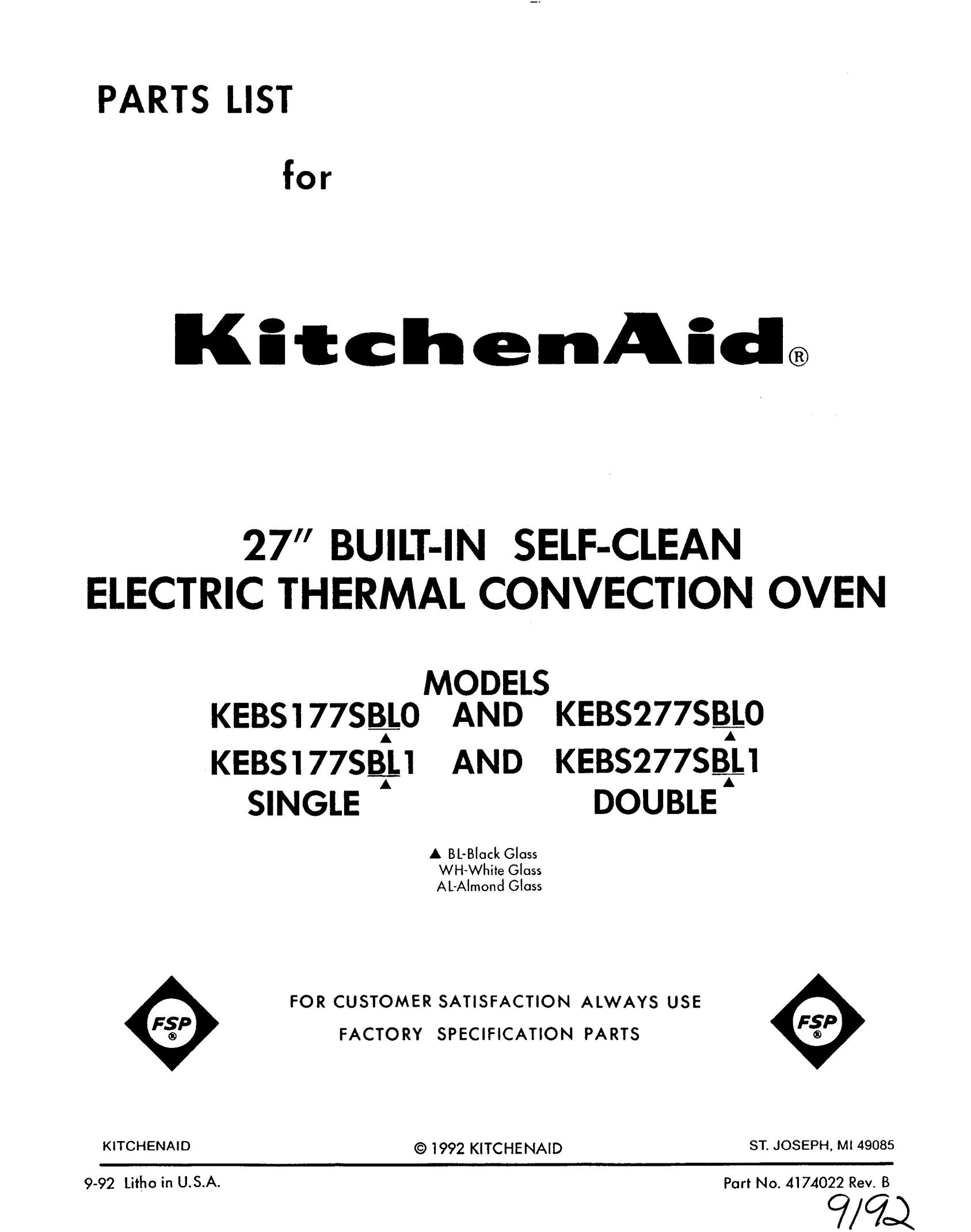 KitchenAid KEBS177SBL0 Convection Oven User Manual