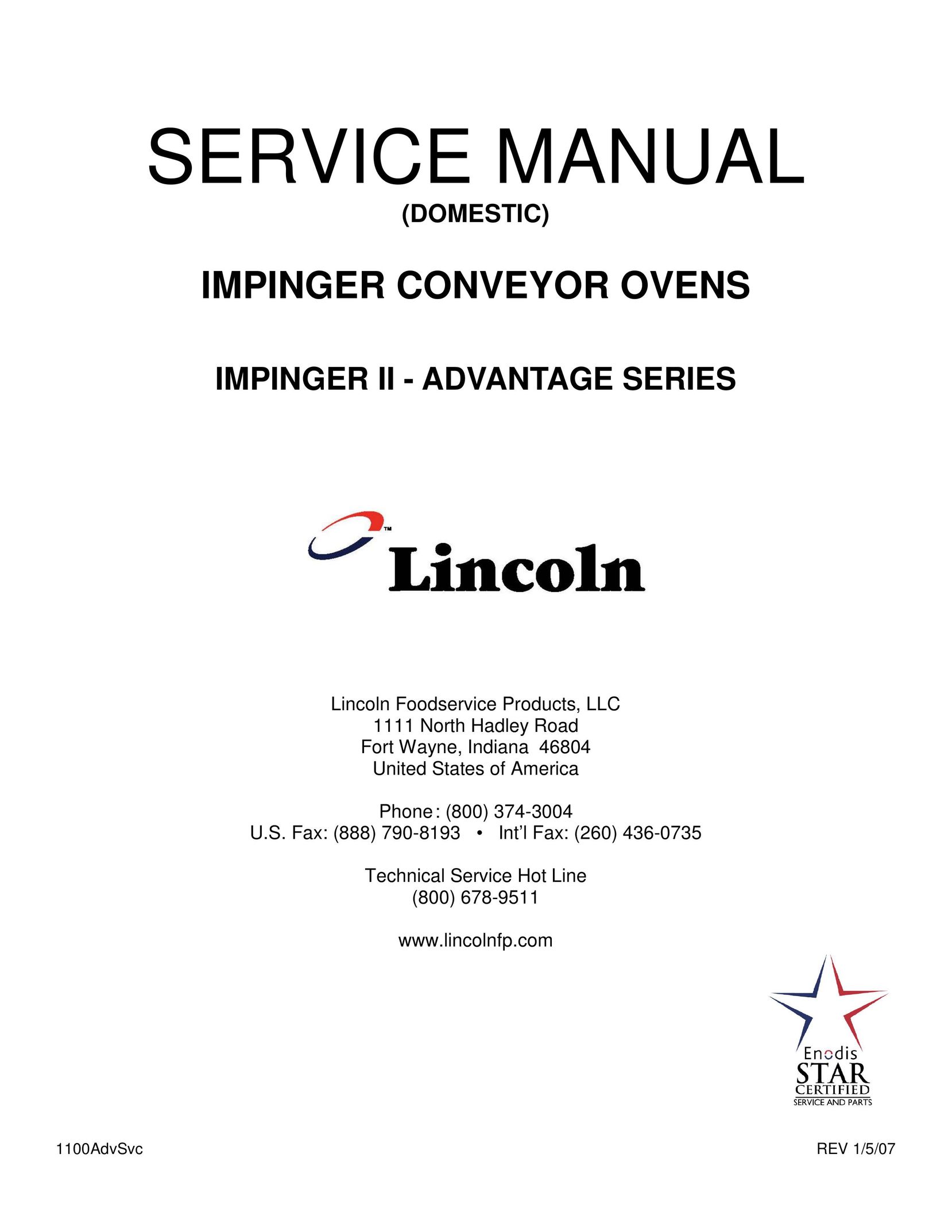 Lincoln 1100ADVSVC Convection Oven User Manual