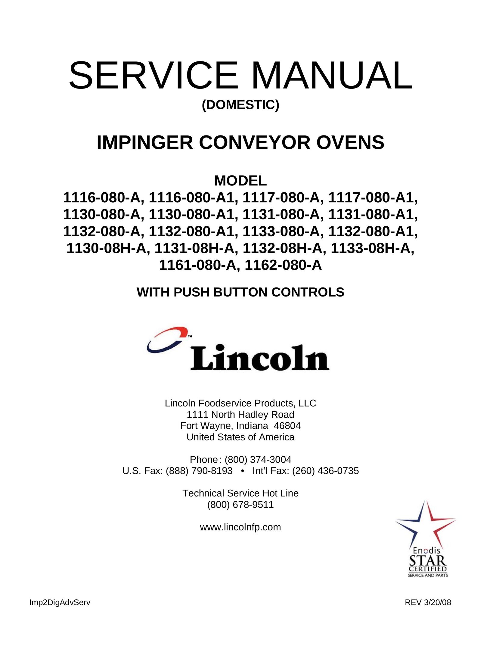 Lincoln 1116-080-A1 Convection Oven User Manual