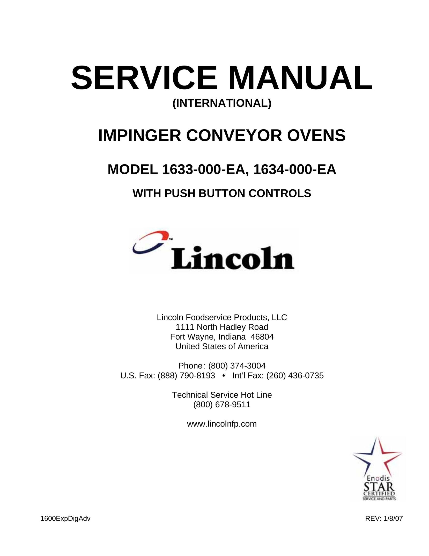 Lincoln 1634-000-EA Convection Oven User Manual