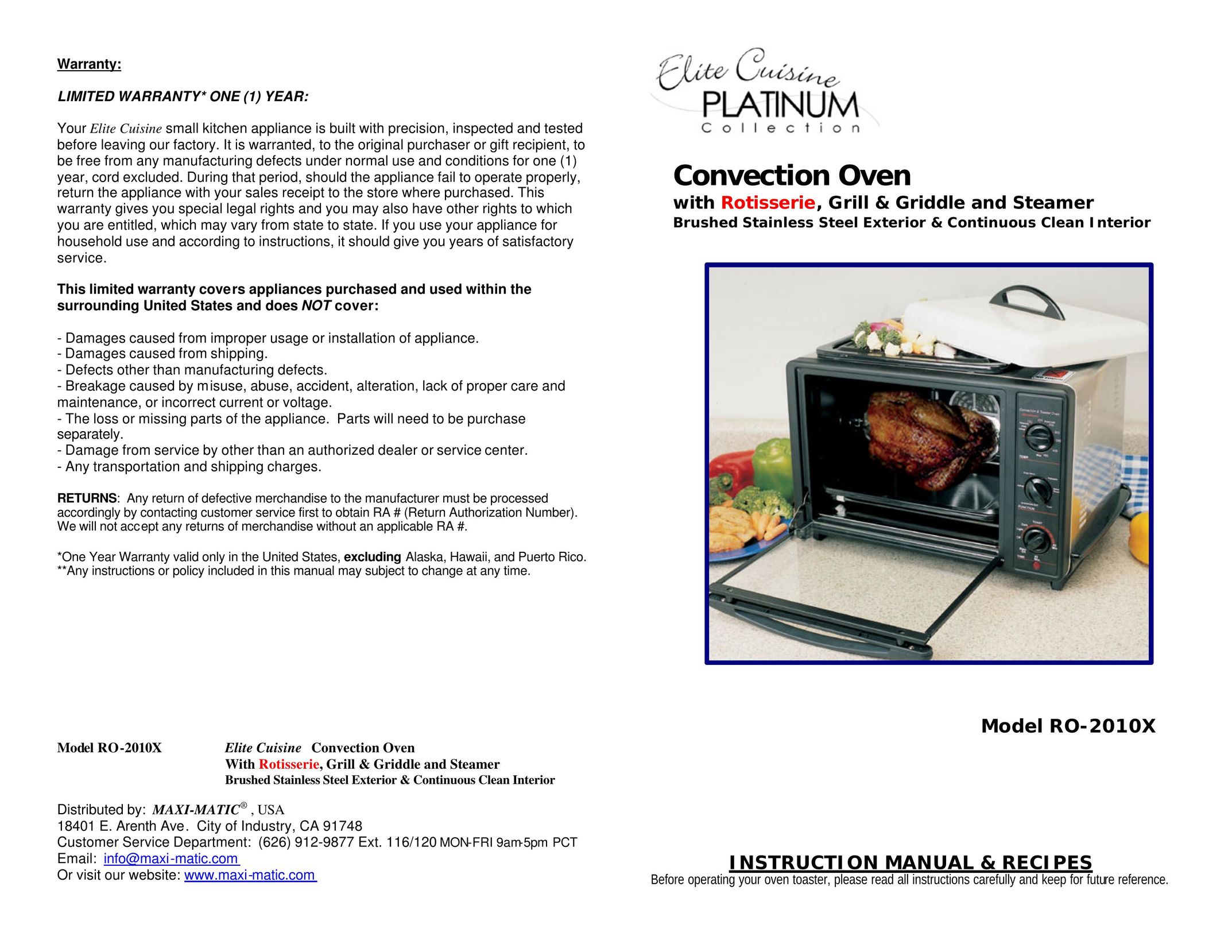 Maximatic RO-2010X Convection Oven User Manual