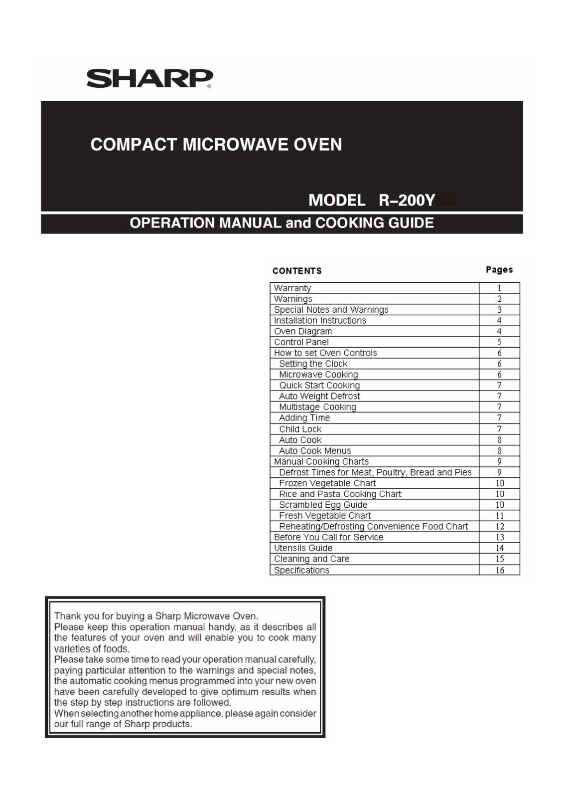 Sharp R-200V Convection Oven User Manual